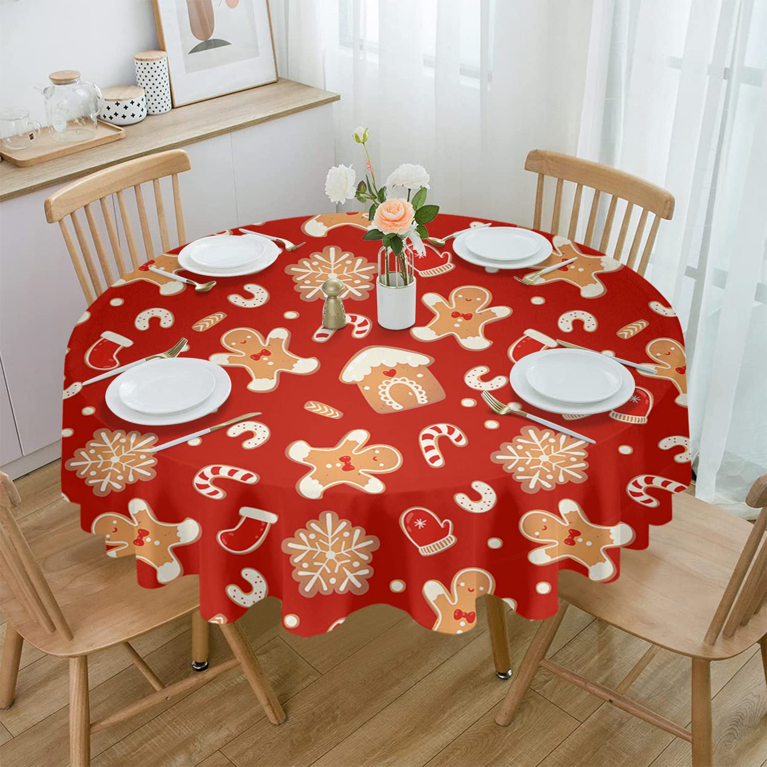 Christmas Round Tablecloth 60 Inch Gingerbread Man Snowflake Waterproof Oil-Proof Table Cloth Candy Cane Glove Kitchen Spillproo
