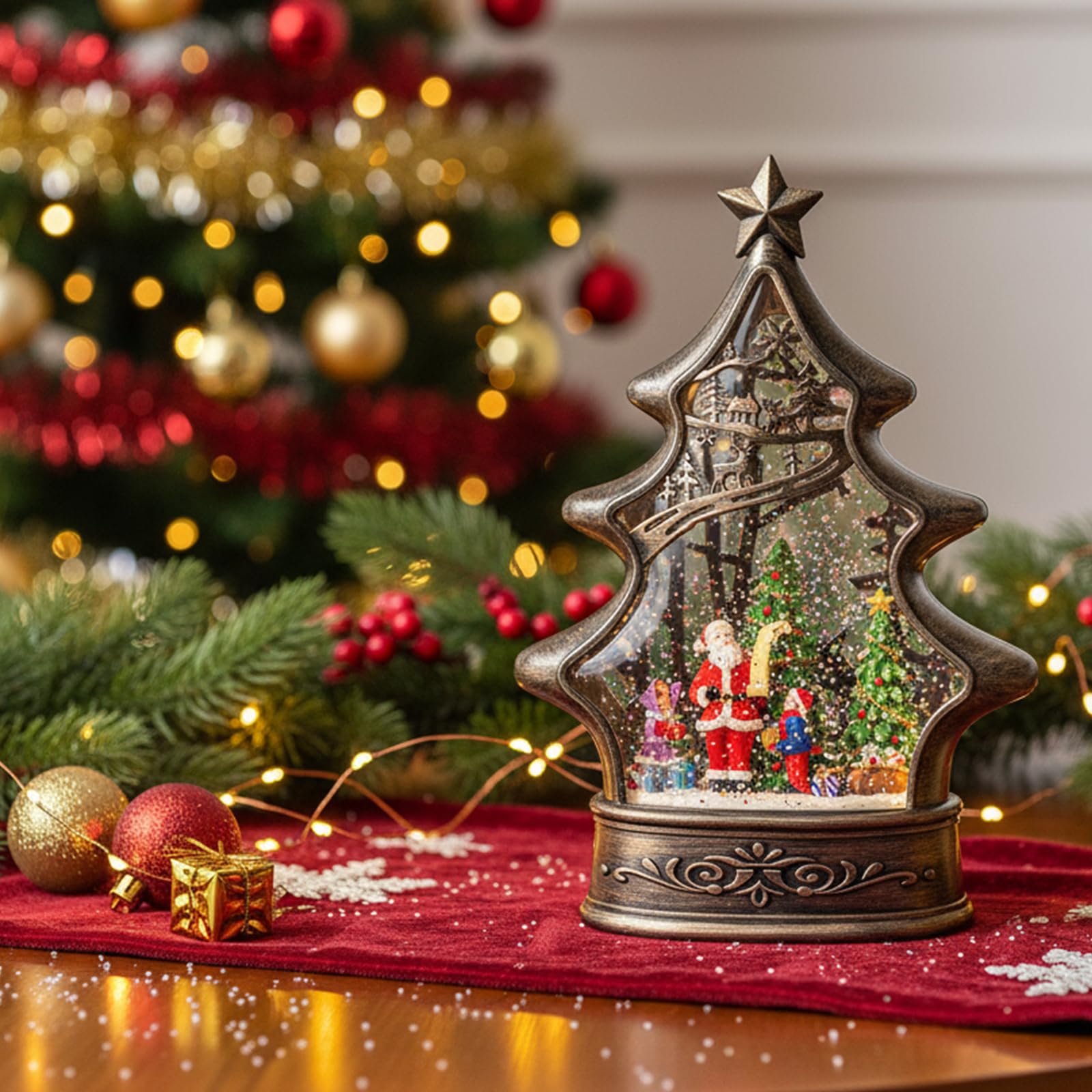 Christmas Snow Globe Lantern Water Glittering Santa s List with Music& Timer, USB Lined/Battery Operated Lighted Lantern for Chr