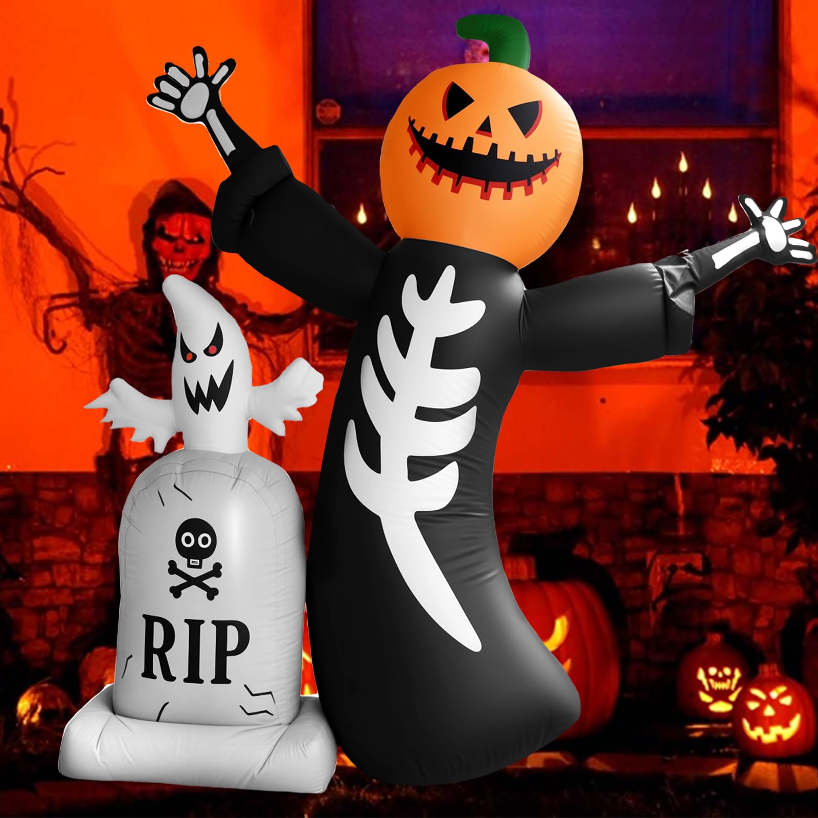 8FT Halloween Inflatable Outdoor Decoration Pumpkin Skeleton with Ghost Decorations LED Lights Built-in Blow Up Garden Lawn Yard