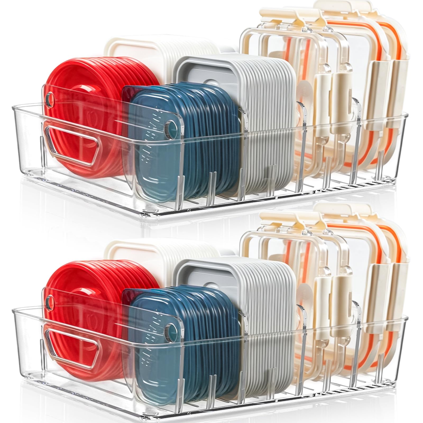2 PACK Kitchen Cabinet Organizer for Food Contanier Lid, Clear Plastic Lid Holder with Adjustable Dividers for Pantry Organizers