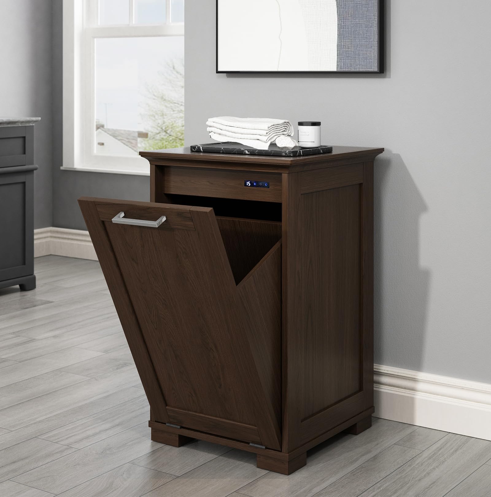OLD CAPTAIN Wooden Tilt Out Trash Cabinet, Wooden Kitchen Garbage Can Free Standing Holder, Brown Finish