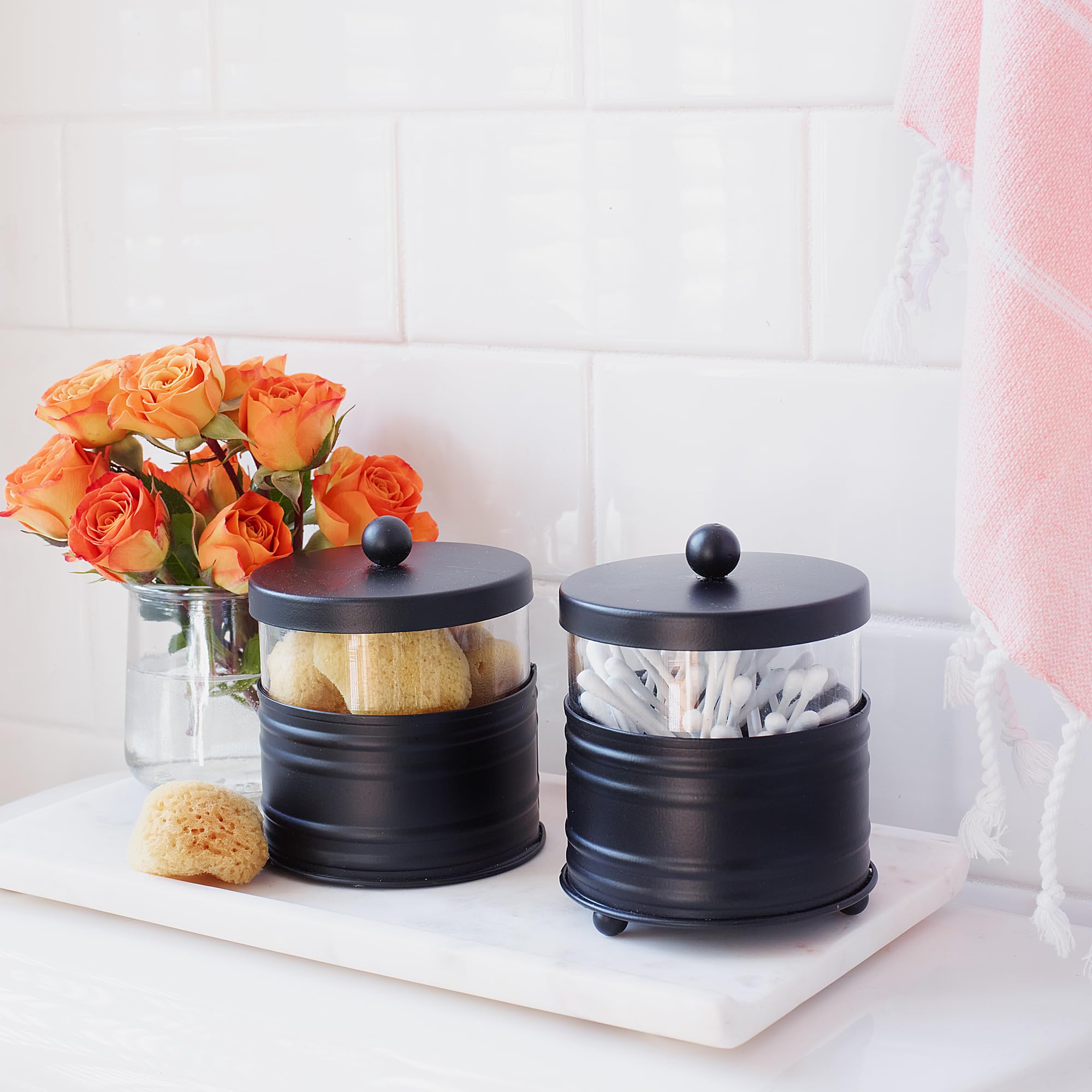 Autumn Alley Deluxe Black Apothecary Jars Set, Black Bathroom Jars Qtip Holder Glass - Rustic Farmhouse Vanity Organizer For Bat