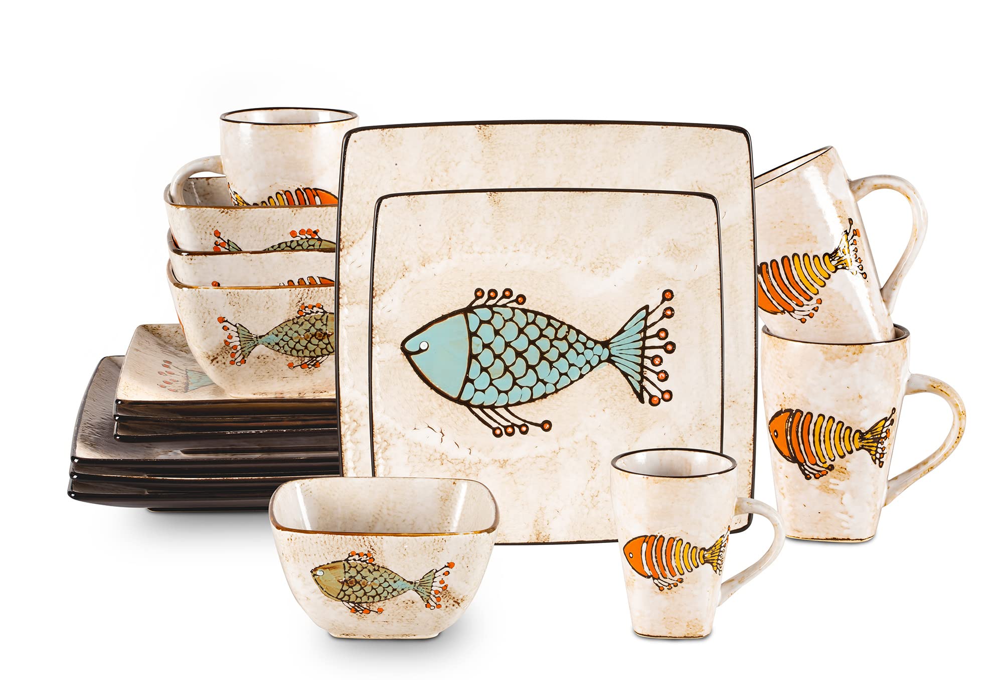 HomeVss, Stoneware Artisan Hand Painted Fish, 16pc Reactive Glaze Dinnerware Set
