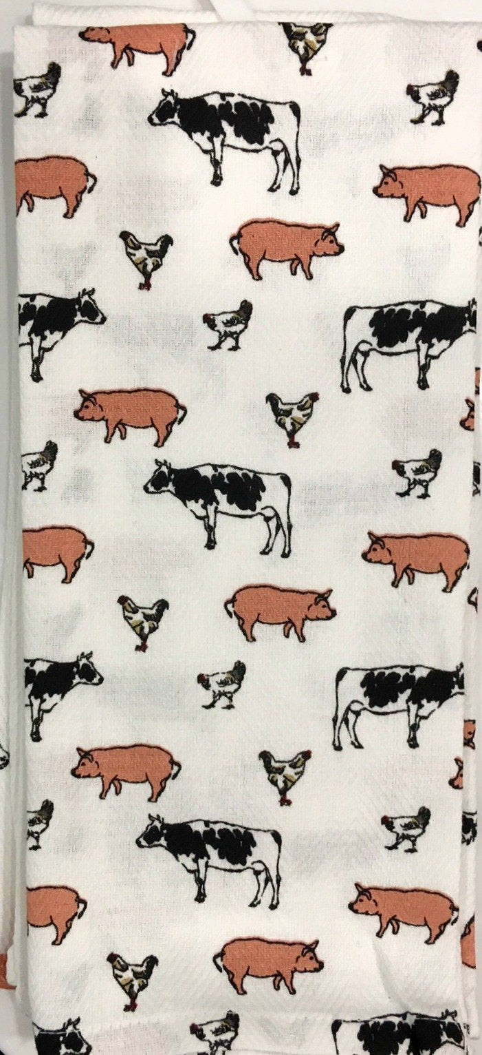 Serviette De Cuisine Chain Event ~ Cow/Pig/Chicken On White Country 2-Pc Kitchen Towels