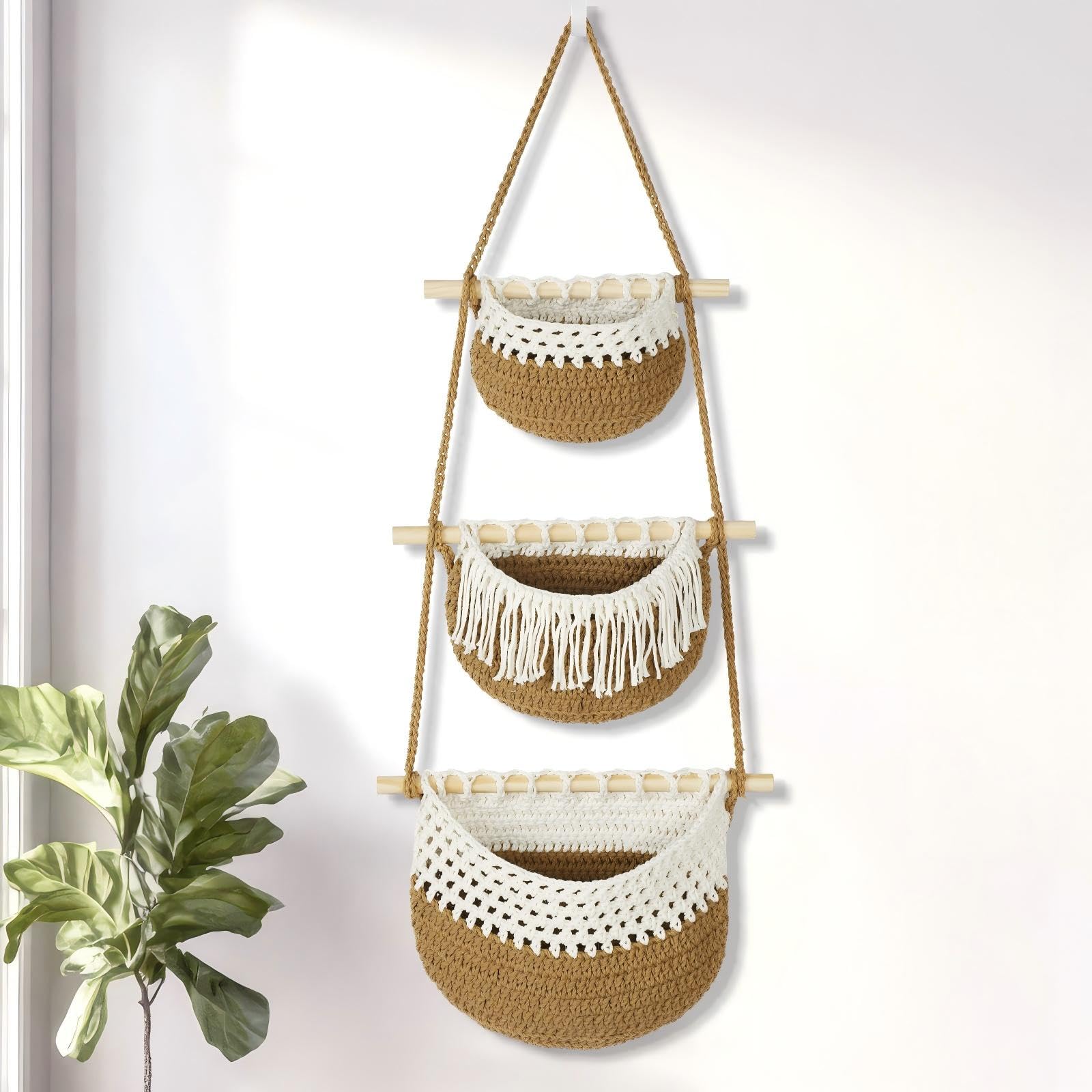 GLDFI Boho Style Handwoven Rope Hanging Basket  3Tier Detachable Storage Organizer for Kitchen/Bathroom/Entryway, 3 Included H
