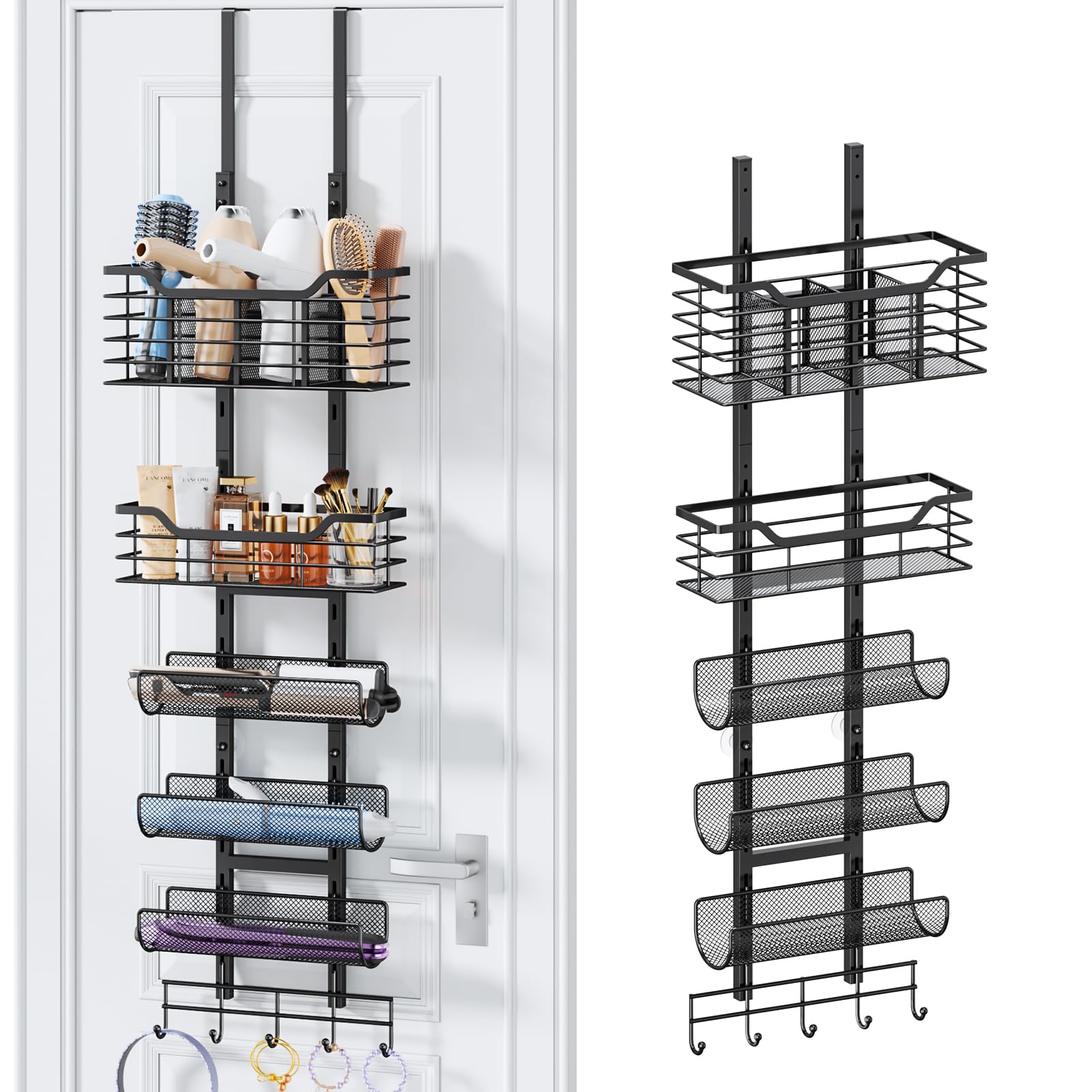 Consmest 6-Tier Hair Tool Organizer - Hair Dryer Holder Over The Door/Wall Mounted DIY Adjustable Shelf Bathroom Hair Styling To