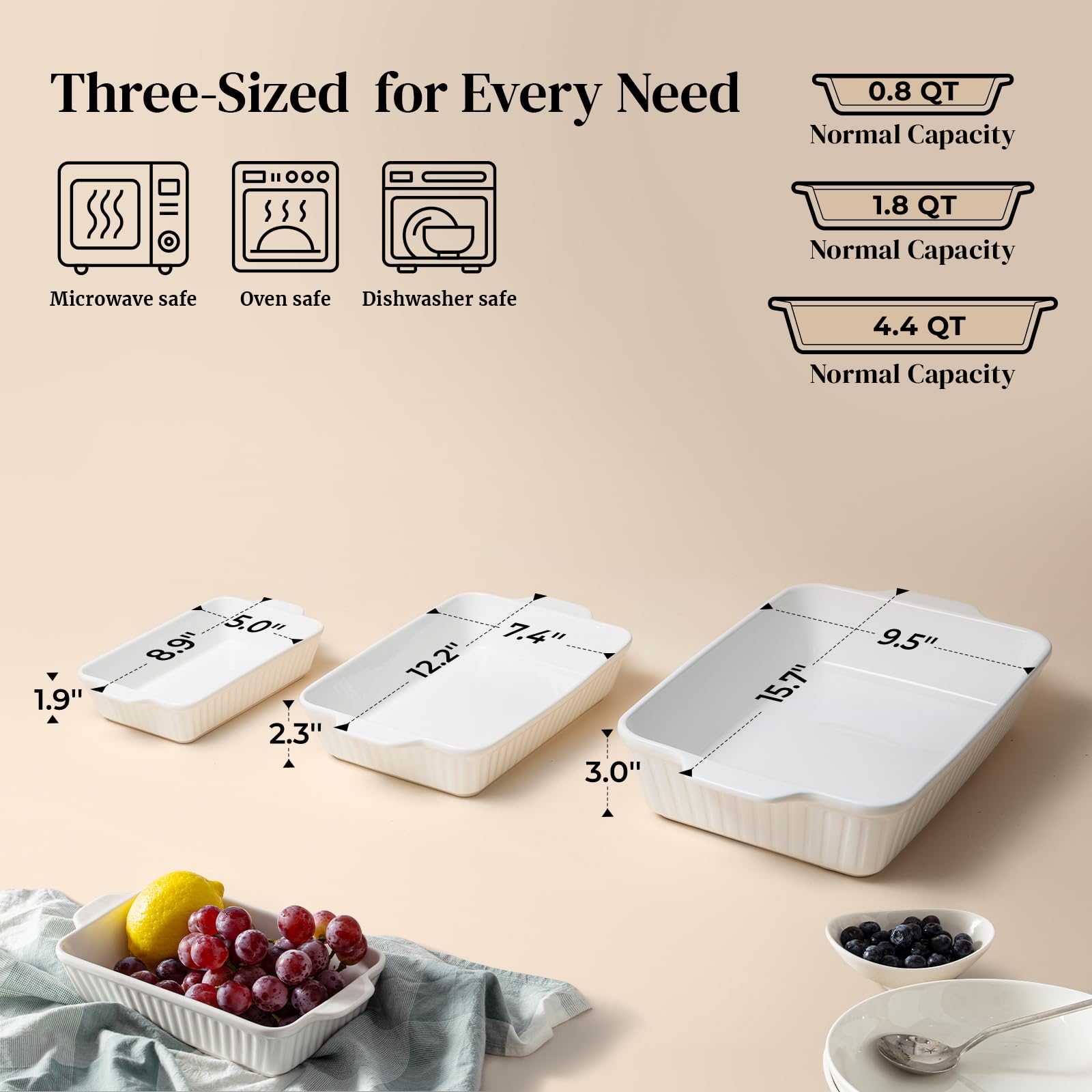 DOWAN Casserole Dishes for Oven, Baking Dishes Set, Ceramic Bakeware Sets of 3, Lasagna Pan Deep, Rectangular Baking Pan Set wit