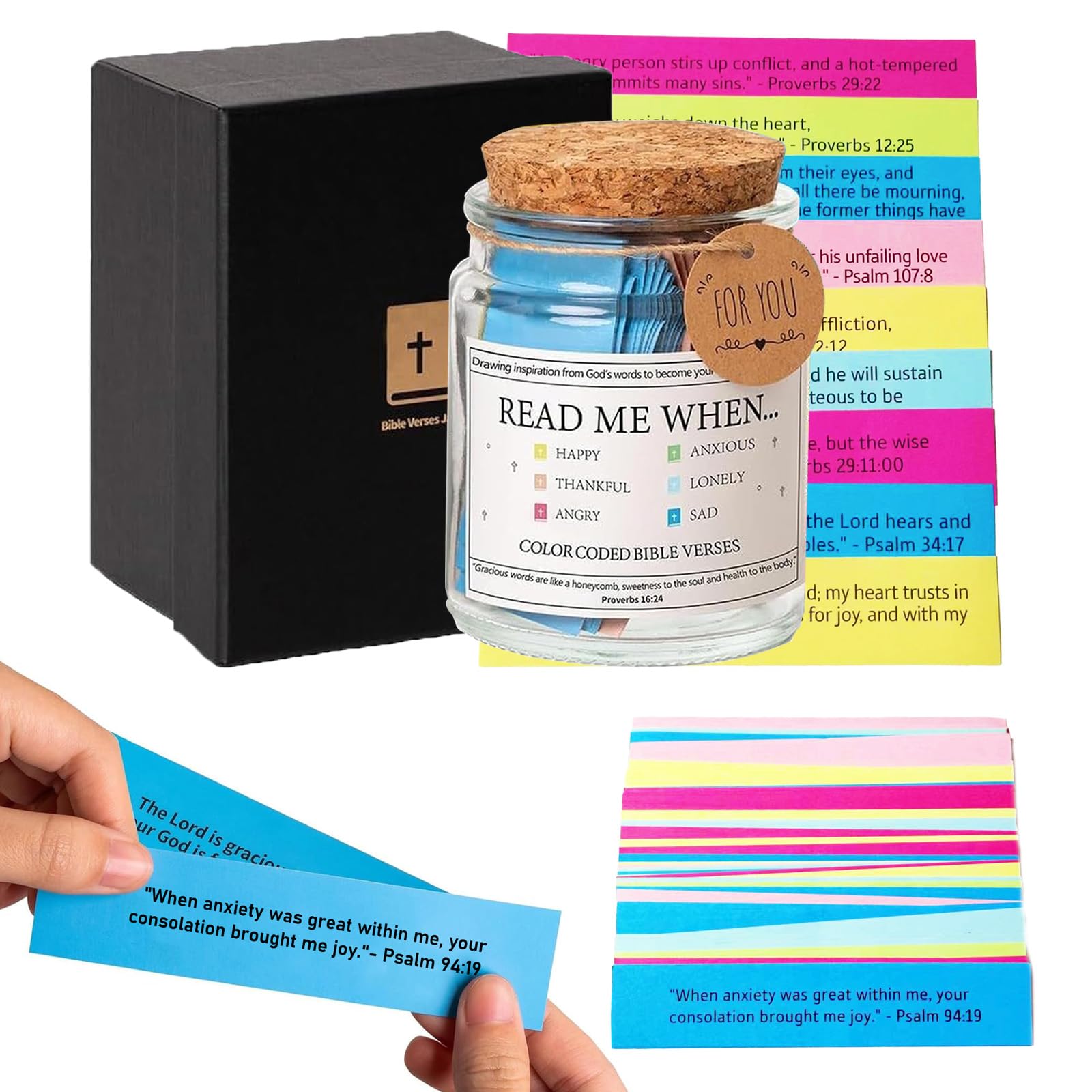 The Hope Jar Bible Verses, Glass Bible Verse Jar for Emotions and Feelings, Color Coded Bible Verses in a Jar Read Me When Bible