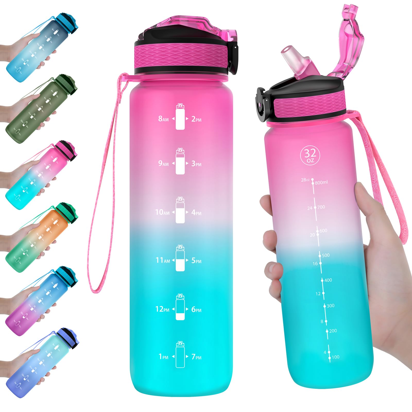 Eyq 32 Oz Water Bottle With Times Marker, Carry Strap, Leak-Proof Tritan Bpa-Free, Ensure You Drink Enough Water For Fitness, Gy
