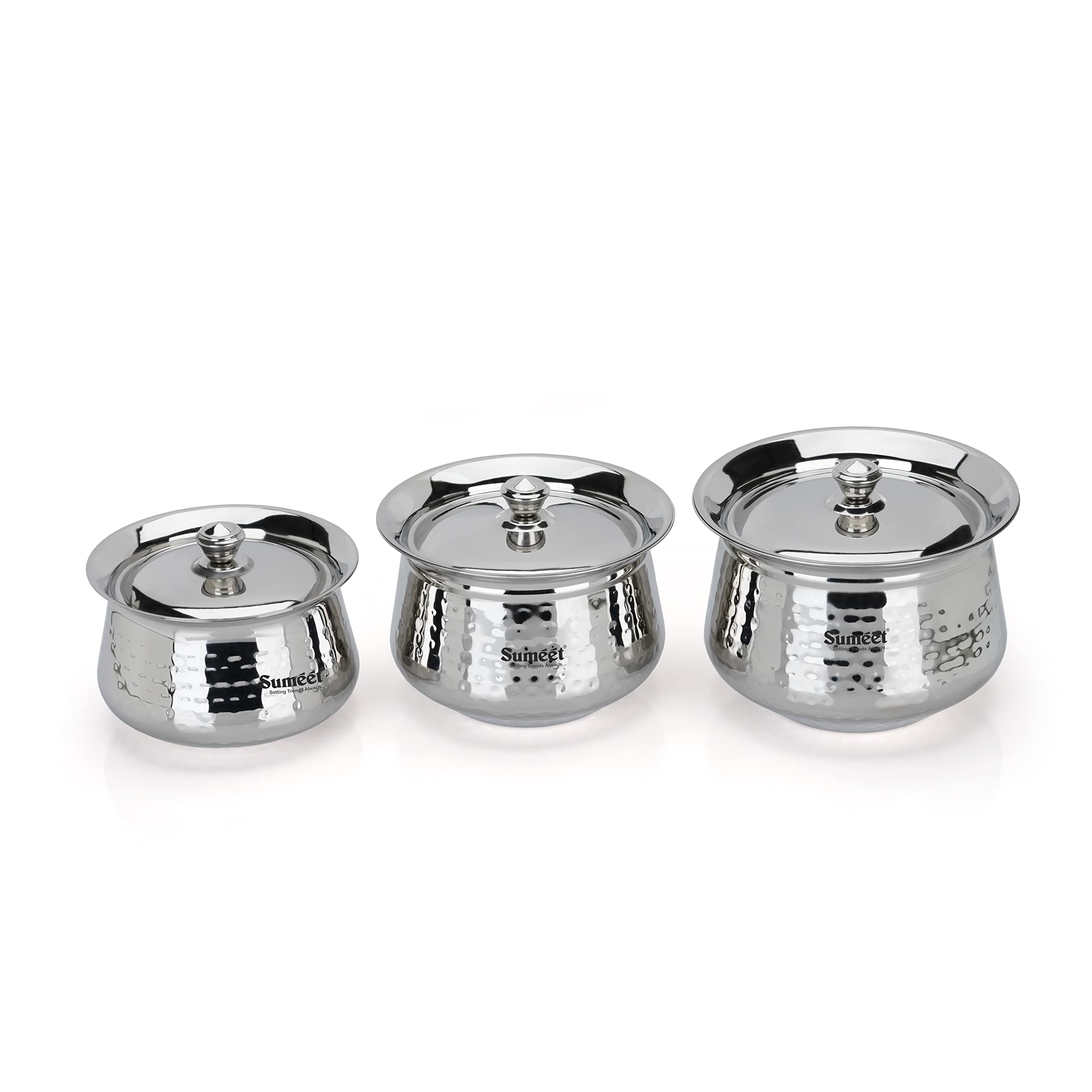 Sumeet Stainless Steel Handcrafted Hammered Texture Handi Set With Lid For Kitchen, Set Of 3, 950Ml, 1300Ml & 1700Ml, Silver