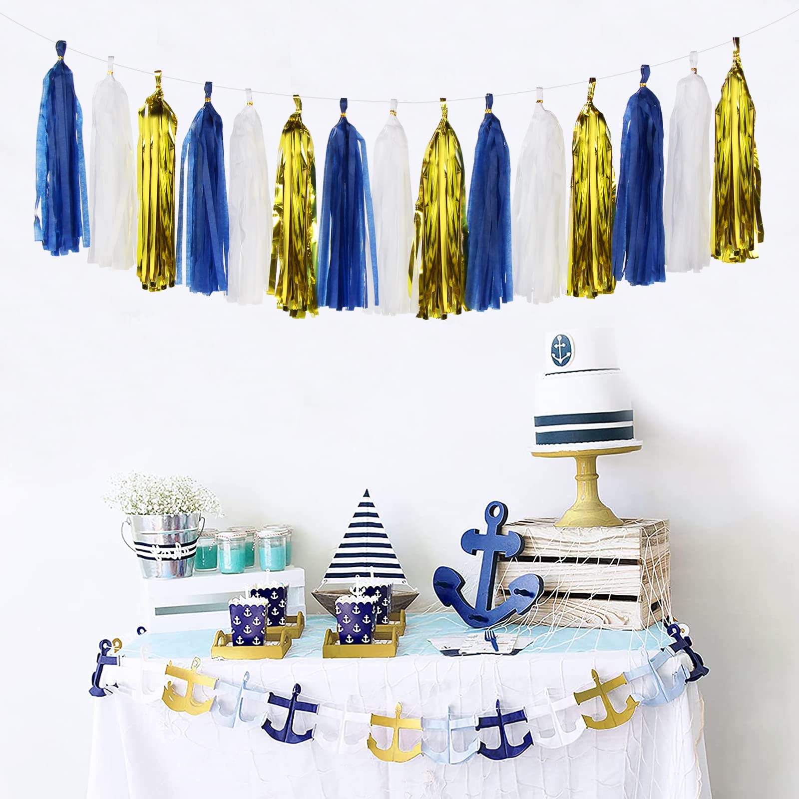 Navy-Blue White-Gold Tassel Garland Streamers- 15pcs Tissue Paper Tassels Banner Party Decorations Men Boy Birthday Graduation B