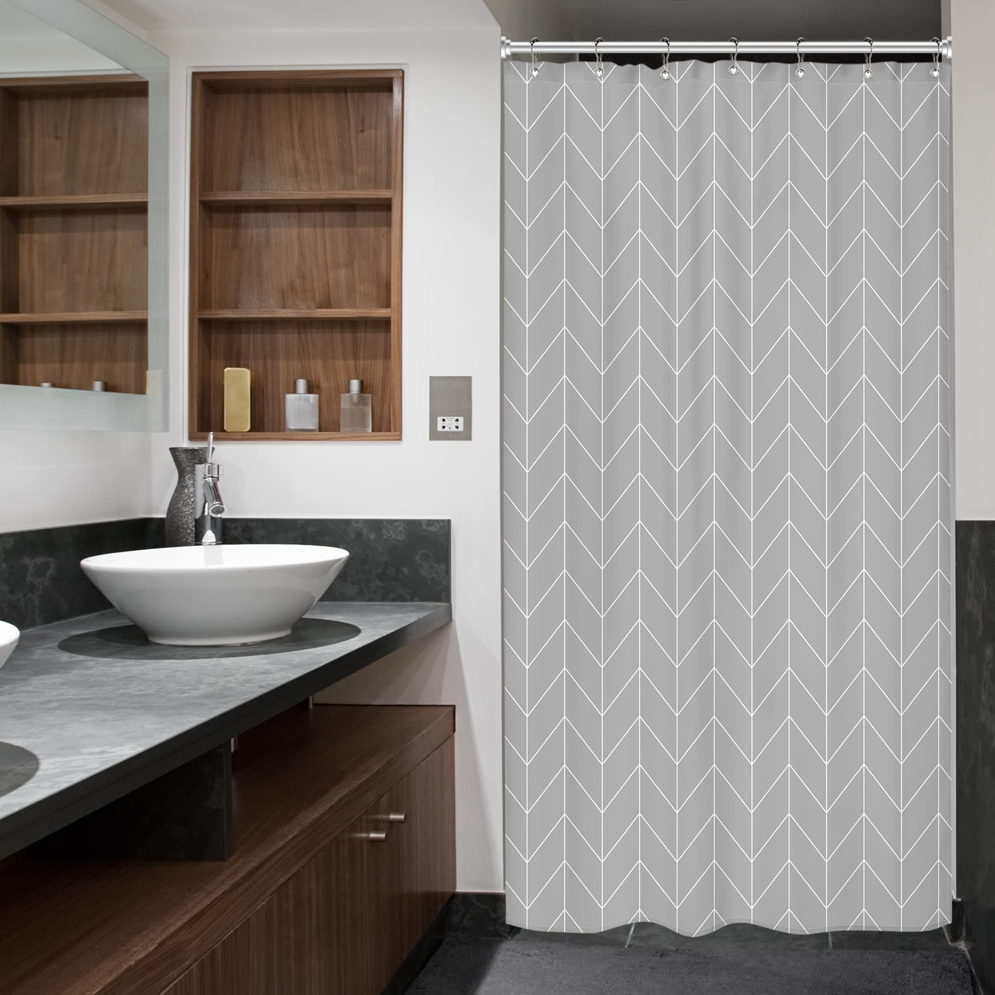 Riyidecor Gray Grey Stall Small Dorm Grey Half Size Fabric Shower Curtain Liner for Bathroom Stand Up 36x72 Inches Wide Single Narrow Chevron Herringbone Geometric RV Tiny Walkin Polyester Bathroom