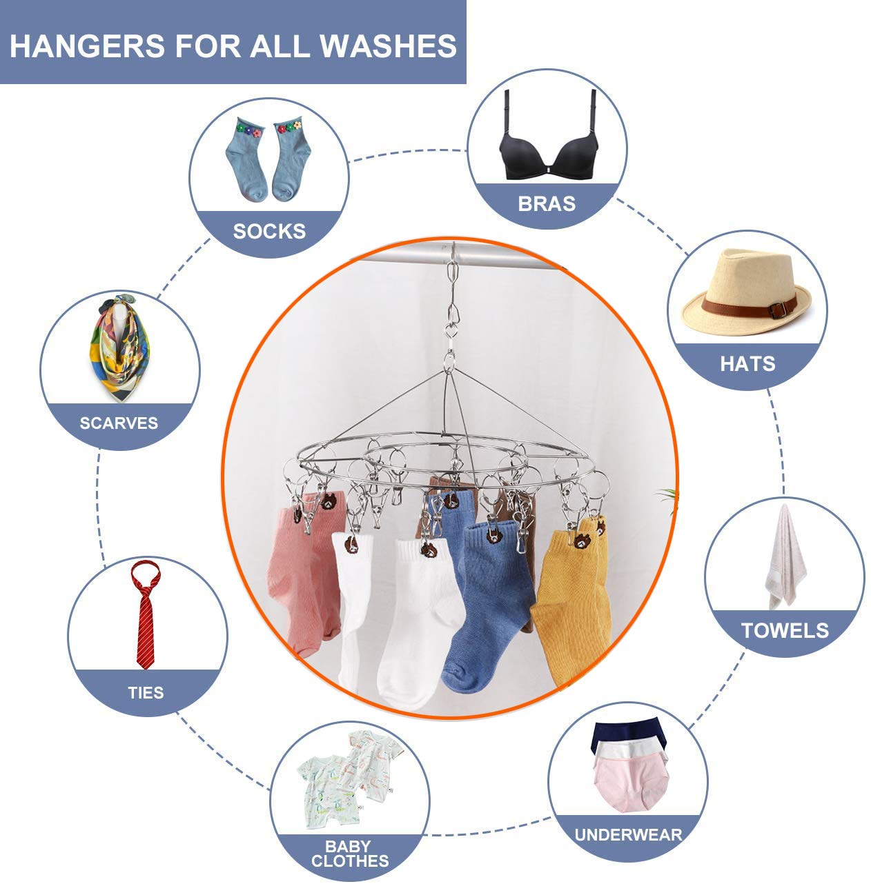 CenYouful Stainless Steel Round Hanging Drying Rack with 20 Clips for Drying Socks  Baby Clothes  Bras  Towel  Underwear  Hat  Scarf  Pants  Gloves