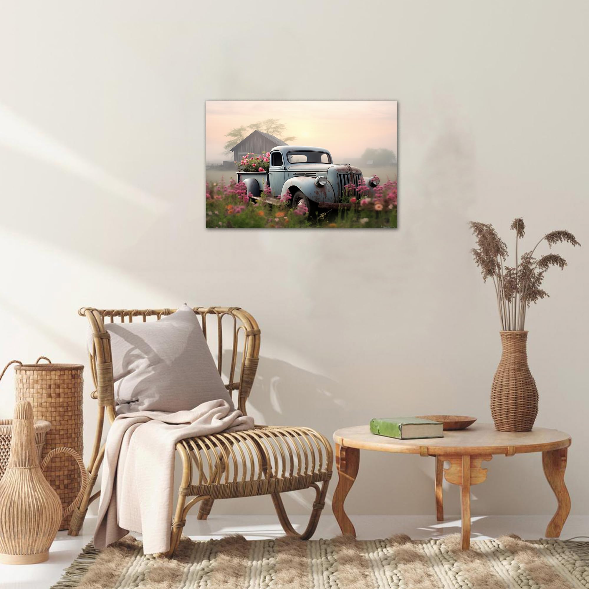 Farmhouse Old Truck Canvas Wall Art, Old Barn Pictures Wall Art, Country Antique Pickup Truck Canvas Prints, Blue Truck With Red