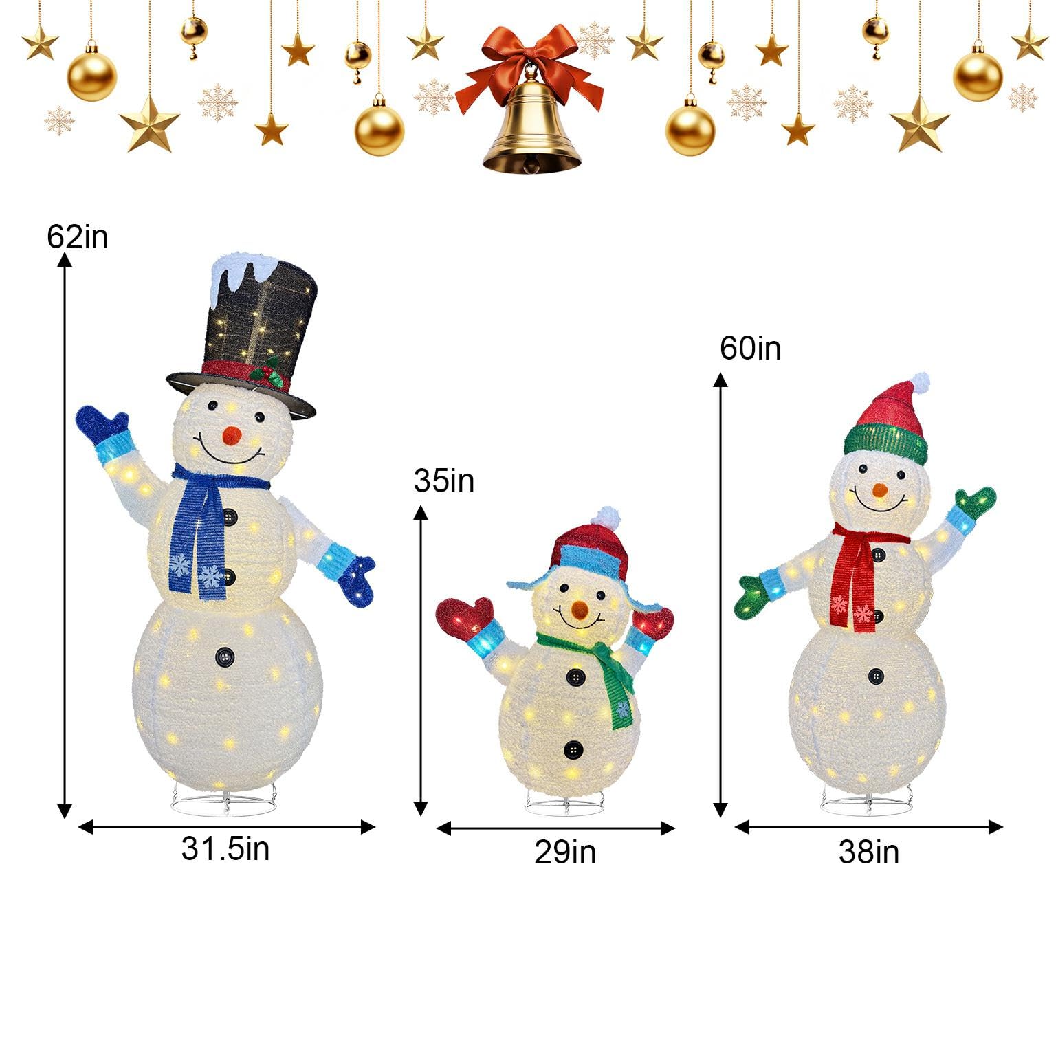 Christmas Snowman Lantern Set - 3-Piece Outdoor Velvet LED Lanterns with Warm White Lights & Transformer, 62/60/35 inch Holiday