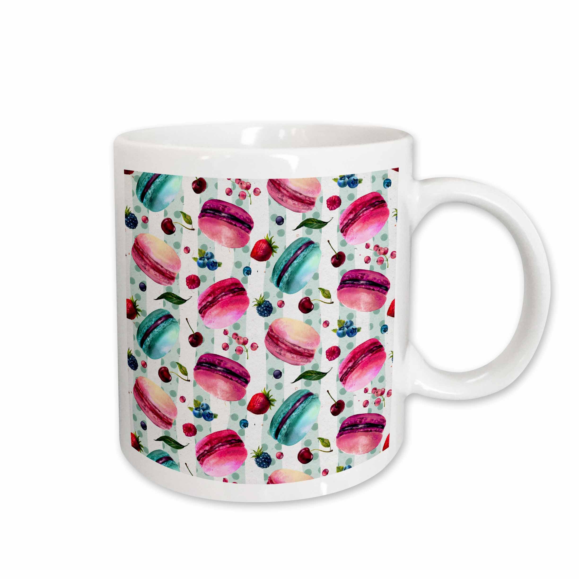 3dRose Cute Aqua and Pink Macaroon Cookies On Aqua and White Stripes 15oz Mug