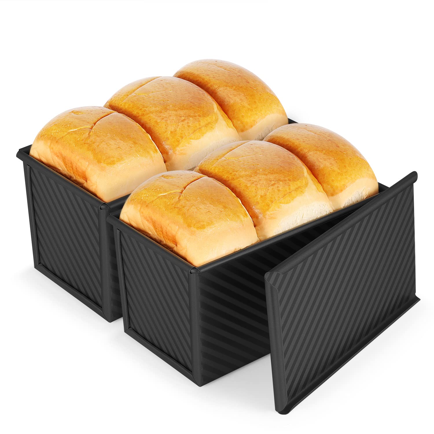 Flexzion Pullman Loaf Pan With Lid Bread Loaf Pan For Homemade Bread 1Lb Dough Capacity Black Corrugated Square Bread Mold, Cake
