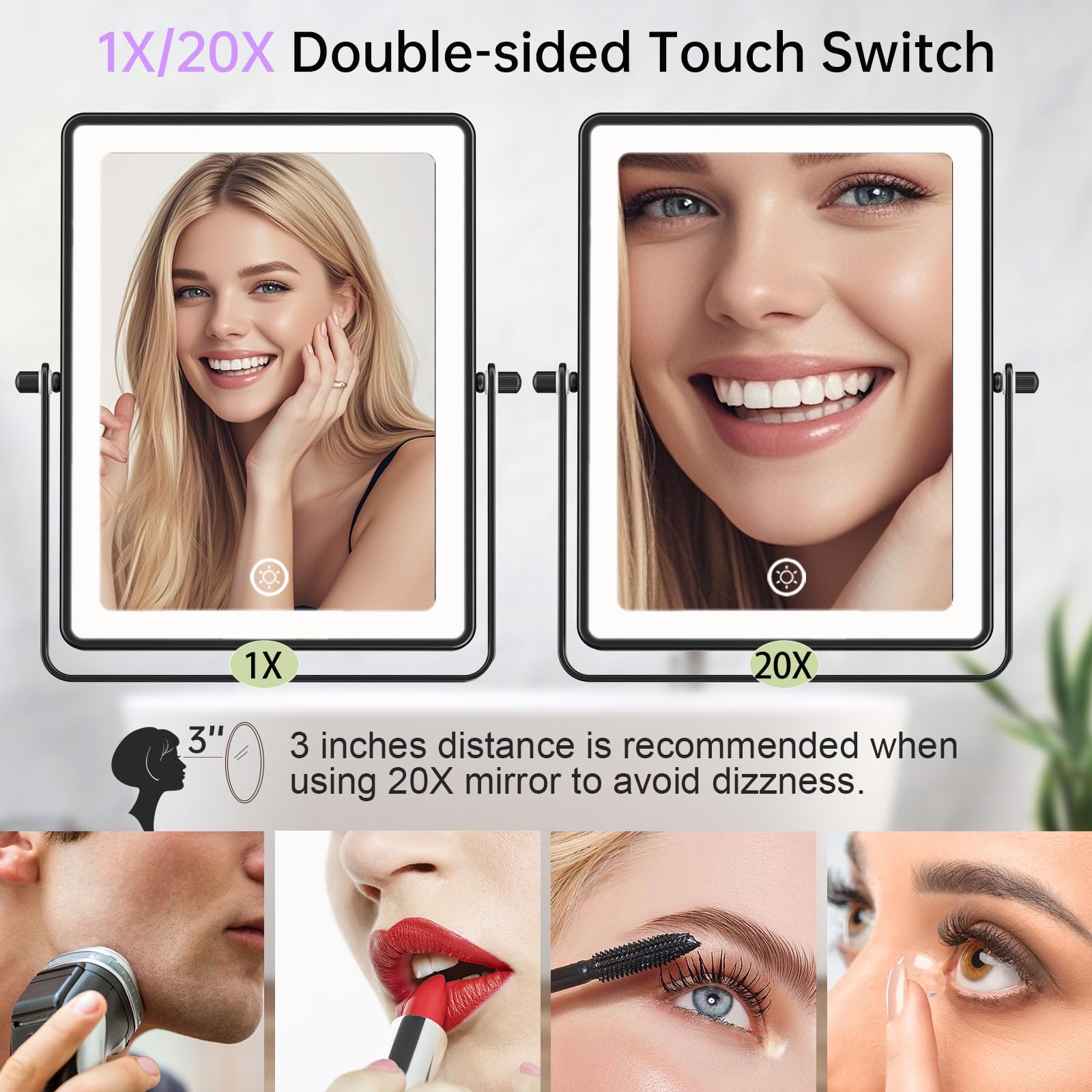 Fascinate Rechargeable Wall Mounted Makeup Mirror With Lights, 8.7 Inch Double Sided Touch Switch 1X 20X Magnifying Bathroom Mir
