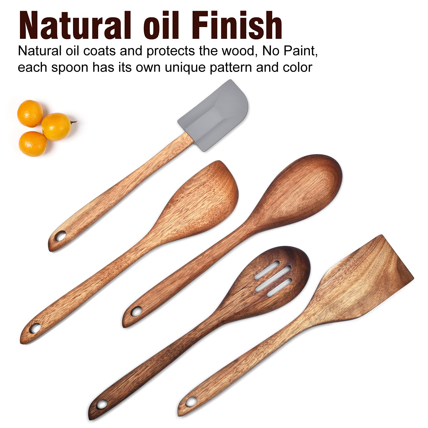 Tanaab Wooden Spoons Kitchen Utensils Set For Cooking Baking, Natural Wood Slotted Spoon Solid Corner Spoon Turner Silicone Spat