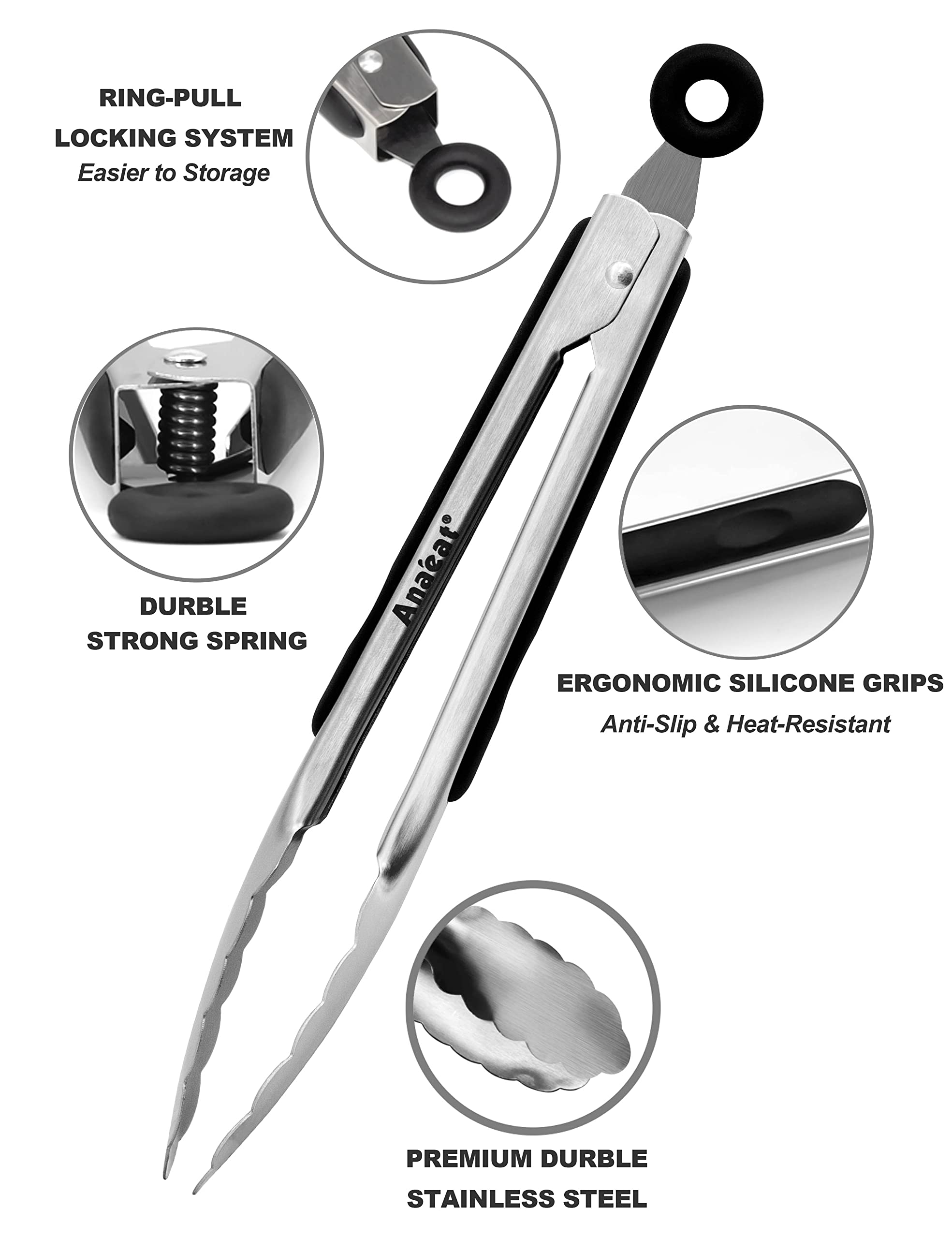 Anaeat Premium Stainless Steel Kitchen Tong Set Of 2 - Sturdy Coiled Spring 9'' And 12'' Locking Food Tong With Non-Slip Silicon