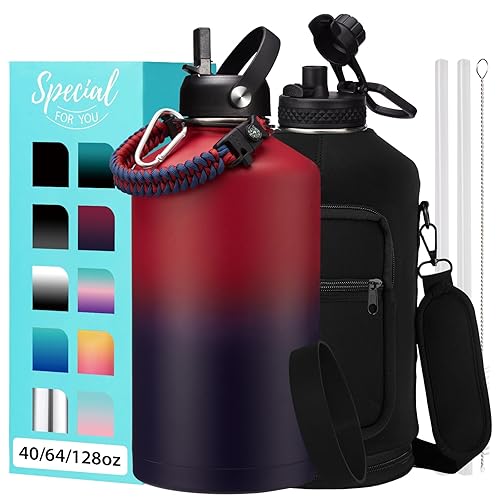 1 Gallon Water Bottle with Straw - 128oz Stainless Steel Water Jug with Sleeve Carrier Bag  Auto Spout Lid  Paracord Handle  Large Insulated Water Bottles Gallon Water Jug  Metal Hydro Thermo Flask