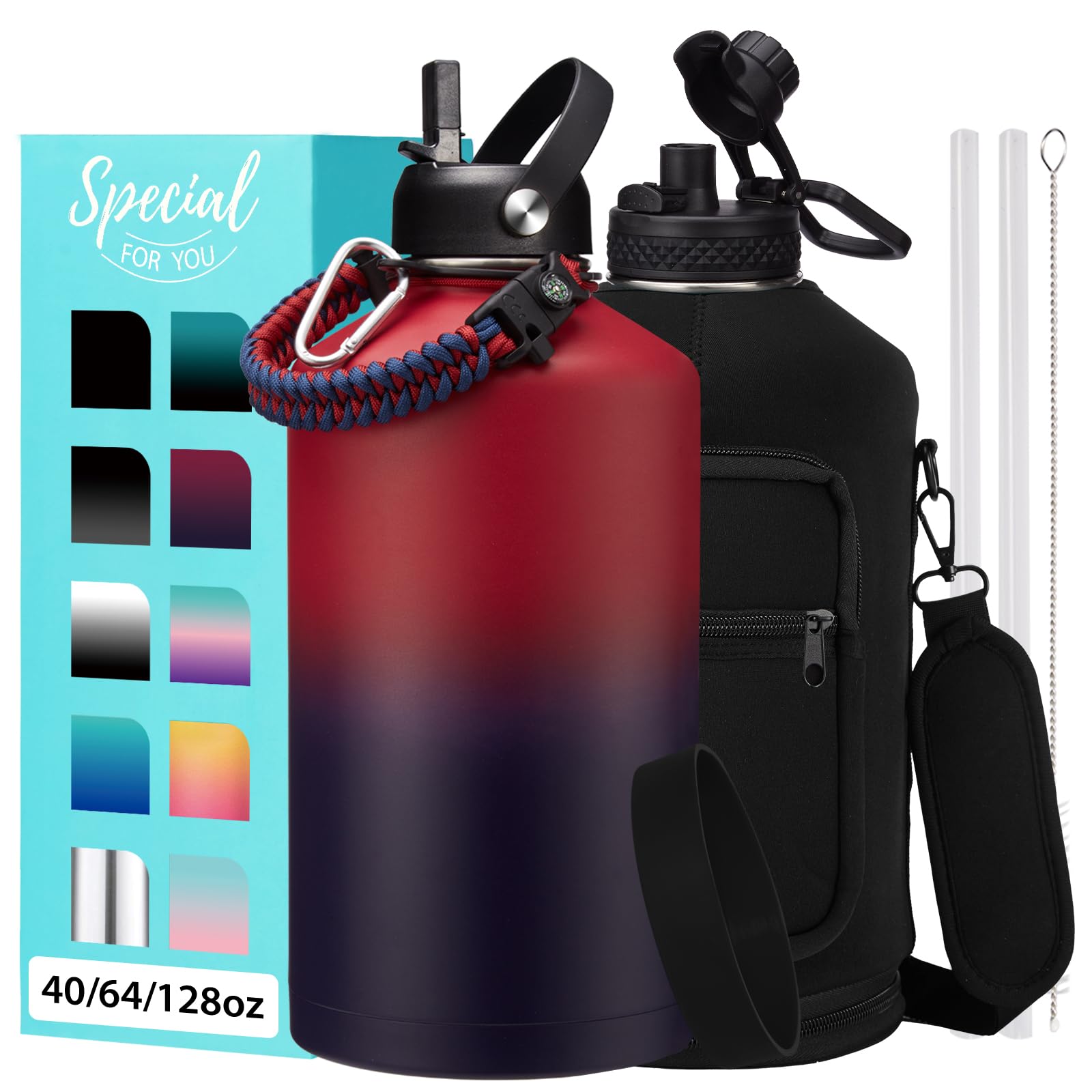 1 Gallon Water Bottle with Straw - 128oz Stainless Steel Water Jug with Sleeve Carrier Bag  Auto Spout Lid  Paracord Handle  Large Insulated Water Bottles Gallon Water Jug  Metal Hydro Thermo Flask