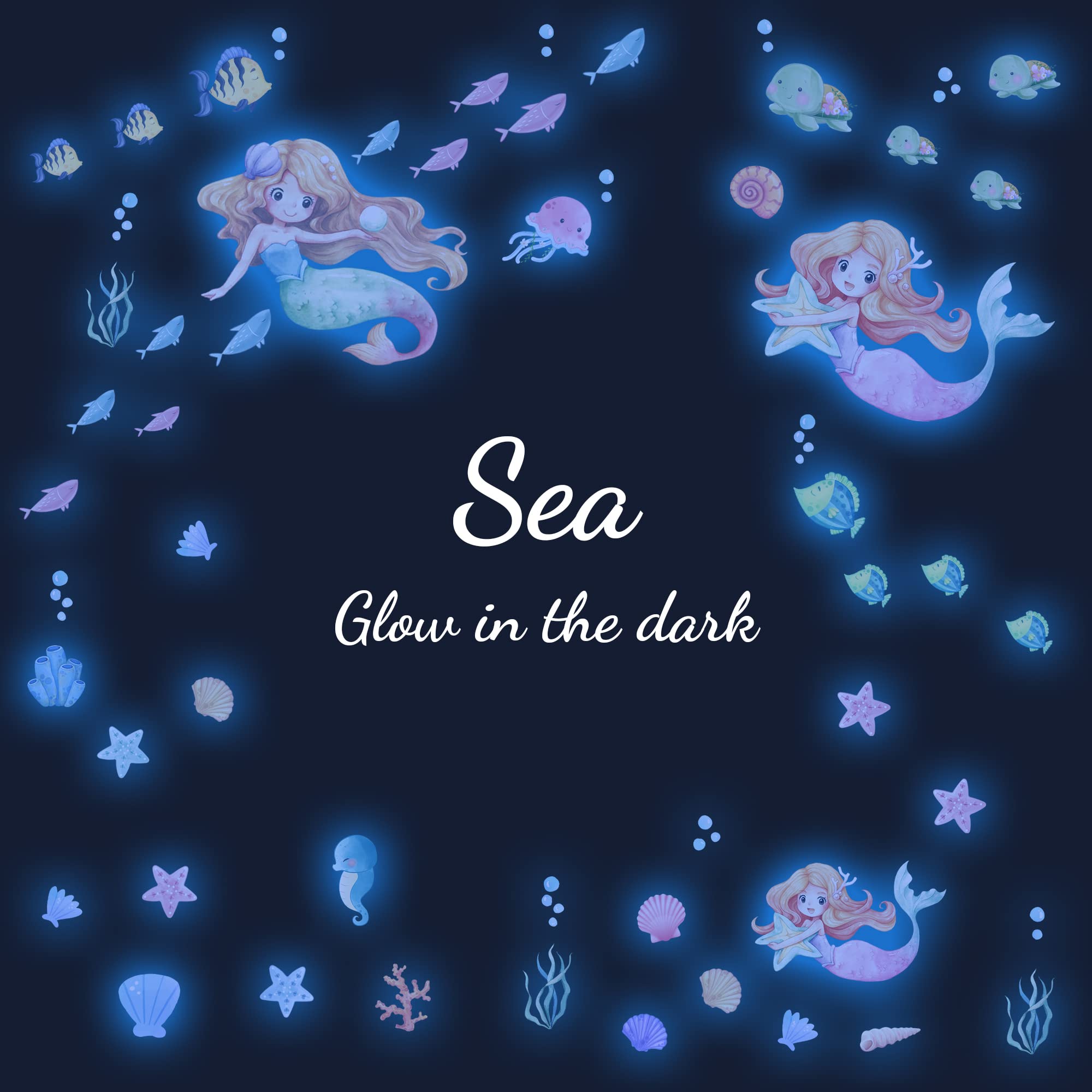 Glow In The Dark Stars Mermaid Wall Decals, Turtle Ocean Fish Stickers For Ceiling, Diy Wall Decor For Nursery Playroom Living R