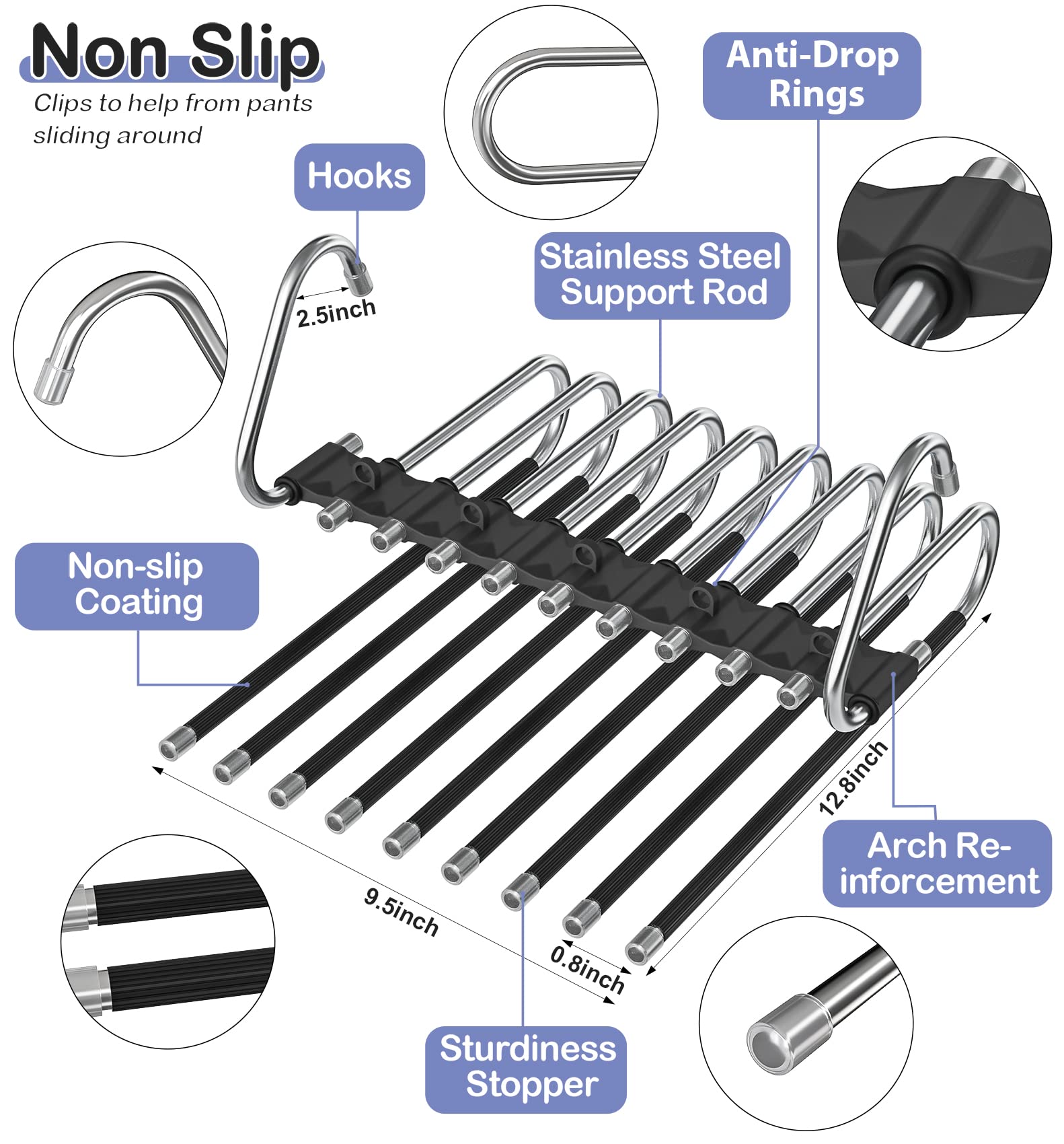 Upgrade 9 Layers Pants Hangers Space Saving, 2 Pack Non Slip Stainless Steel Multifunctional Pants Rack Closet Pant Hanger Organ
