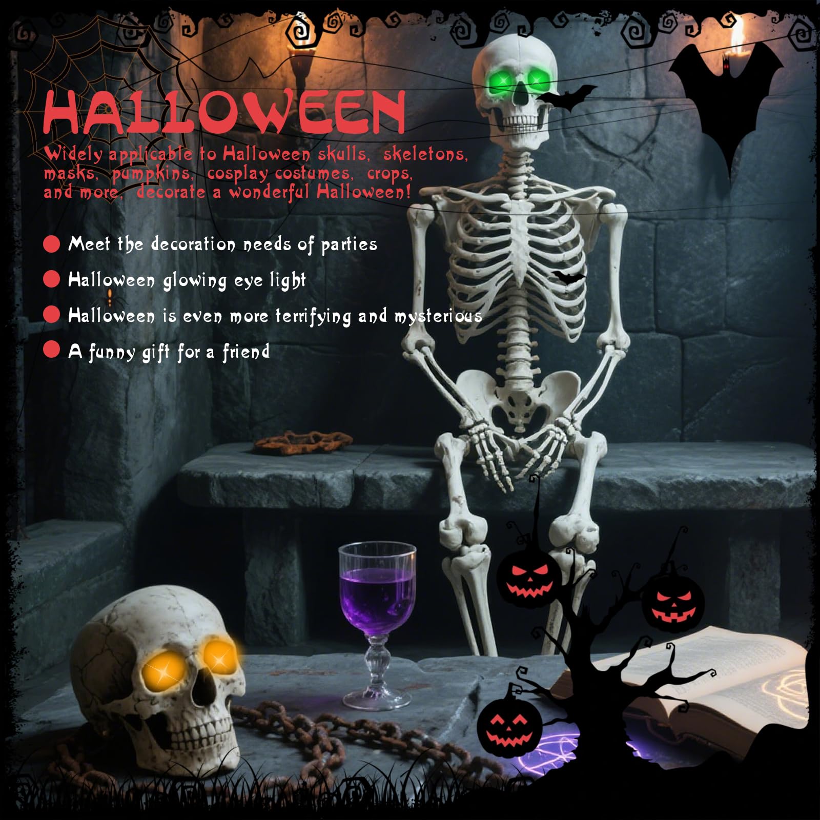 Halloween LED Glowing Eyes with Timer, 2 Pack Light Up Skeleton Eyes for DIY Horror Props, Masks, Pumpkins, Tombstones (4PC - Ye