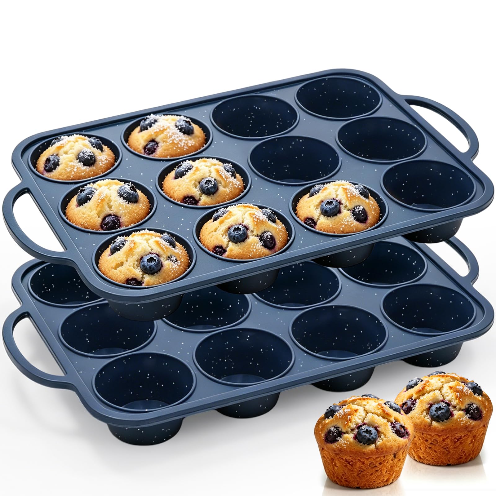 Vinino 2 Pack 12 Cups Silicone Muffin Pan with Stainless Steel Frame  Blue
