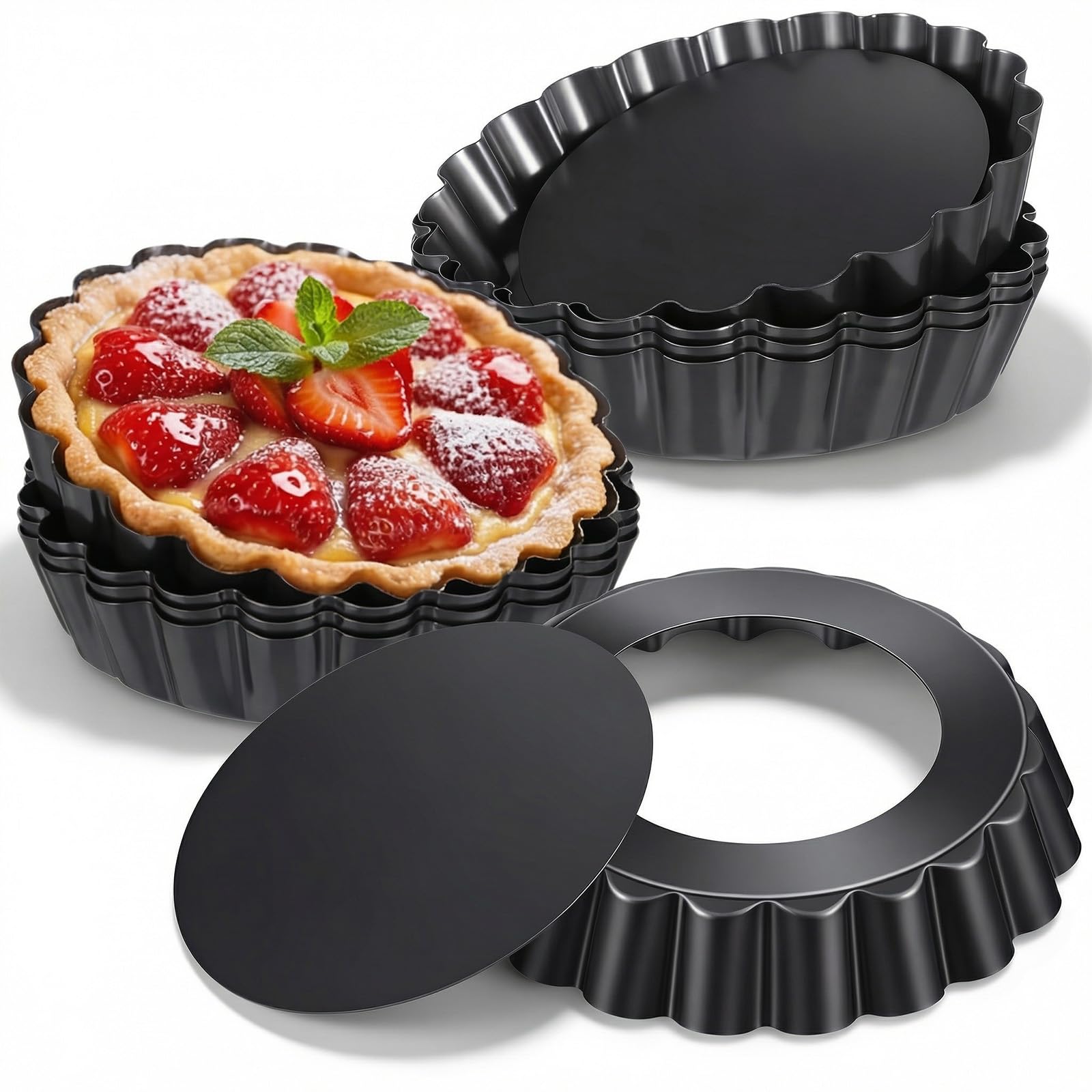 Xaajooio 16 Pcs Mini Tart Pans with Removable Bottom, 4 Inch Nonstick Carbon Steel Round Quiche Pie Pans, Reusable Bakeware Mold