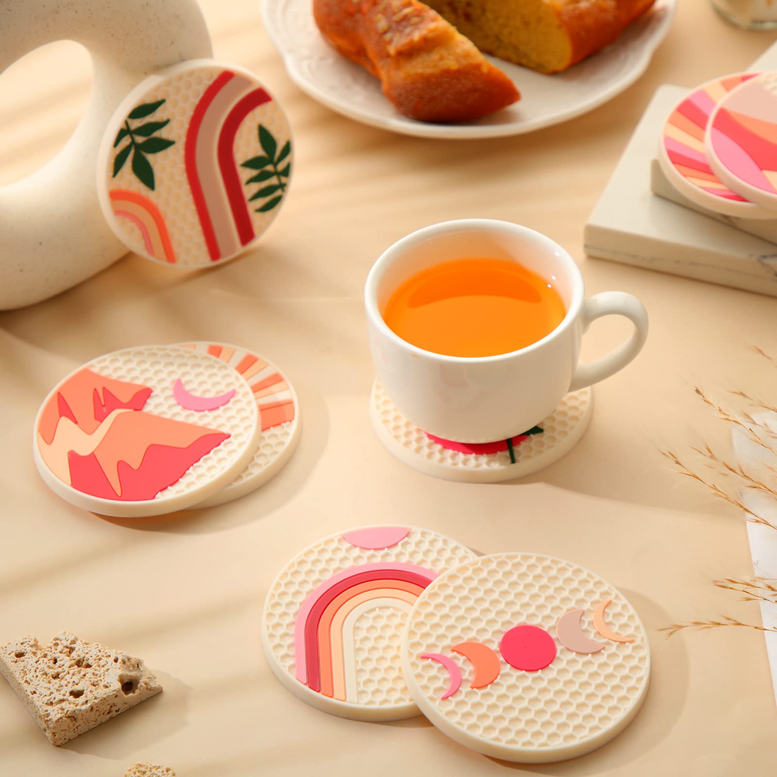 Dandat 8 Pcs Boho Car Coasters Cute Car Cup Holder Absorbent Car Accessories Fun Drink Coaster Car Decoration Gifts for Women (2.76 Inch Silicone)