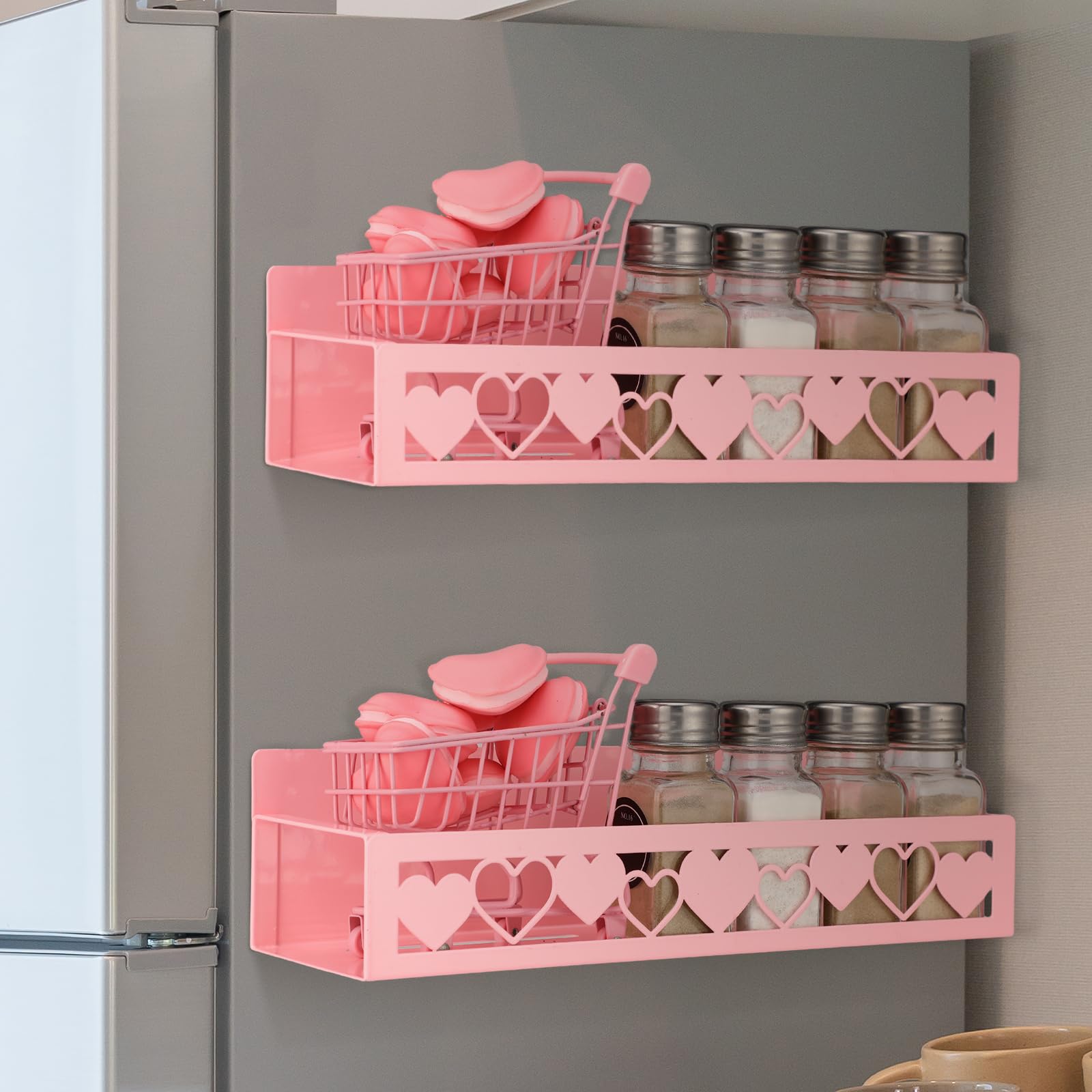 Beeveer 2 Pcs Magnetic Spice Rack for Refrigerator, Pink Heart