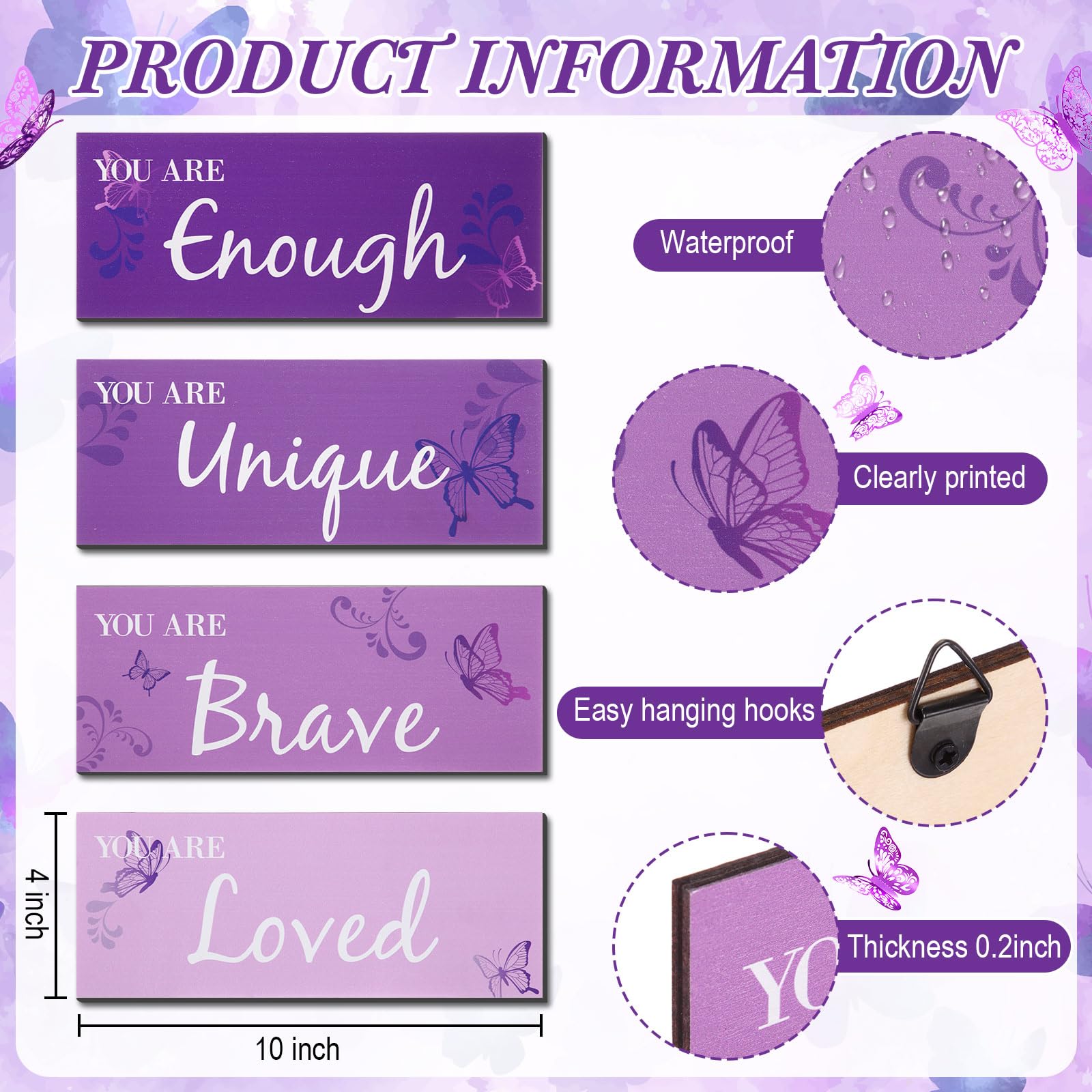 Blulu 4 Pcs Butterfly Inspirational Quotes Wooden Wall Decor and 3D Butterfly Wall Decor Girls Room Inspirational Gift for Teen