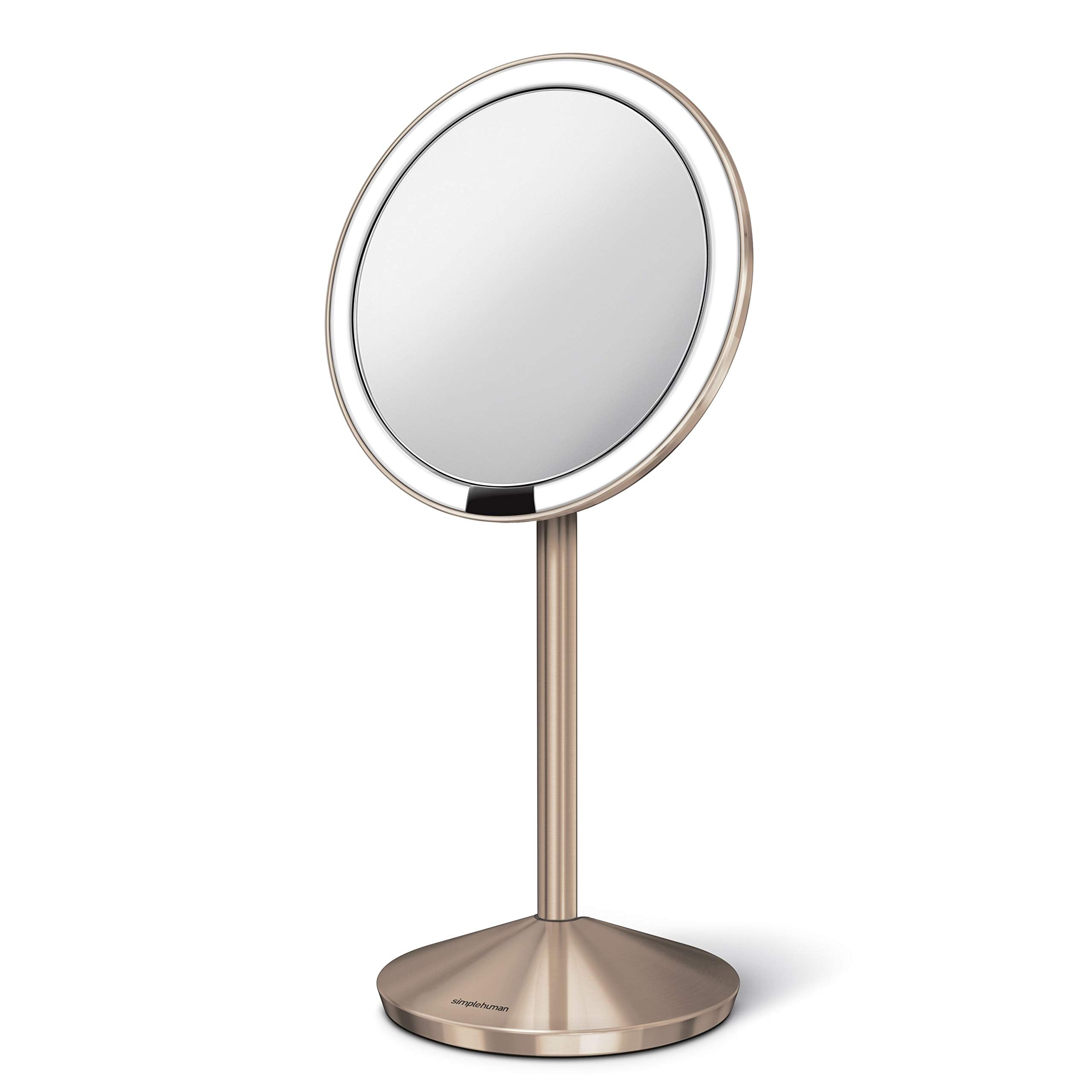 Simplehuman,Free Standing 5'' Round Mini Travel Sensor Makeup Mirror, 10X Magnification, Rechargeable, Rose Gold Stainless Steel