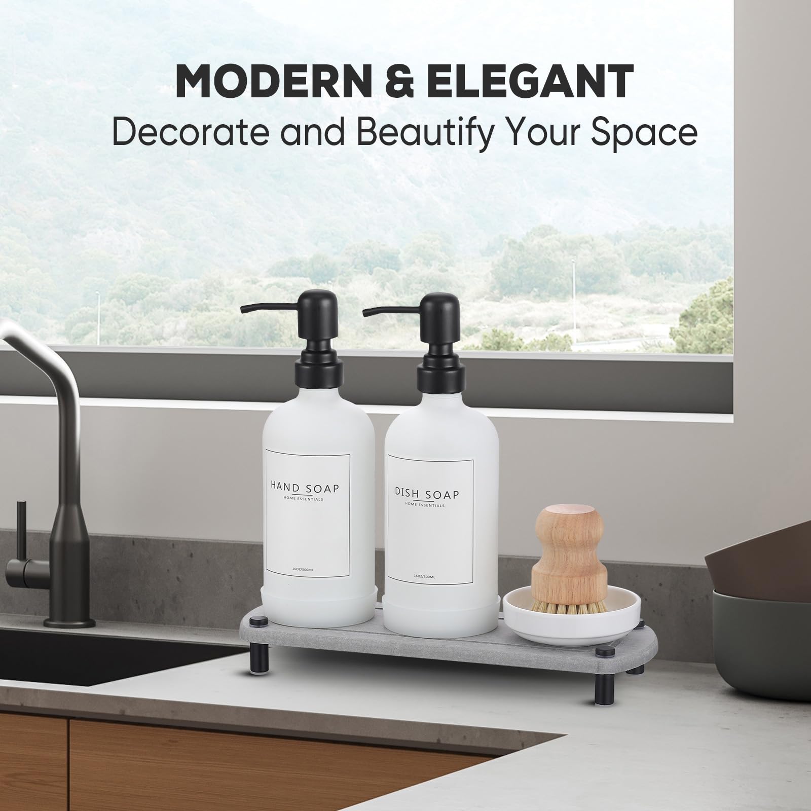 Neeczs Kitchen Soap Dispenser Set With Instant Dry Tray,16 Oz Hand And Dish Soap White Glass Dispenser Set,Stainless Steel Pump,