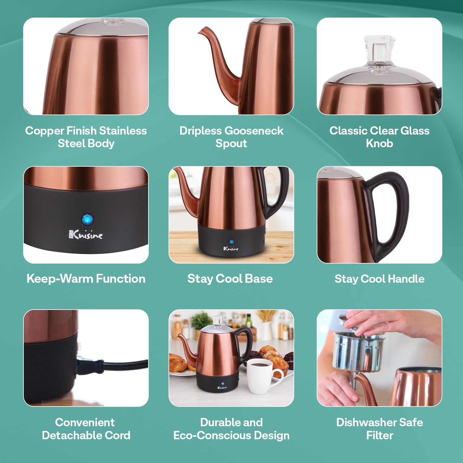 Euro Cuisine PER04 Electric Coffee Percolator, 4 Cup, Stainless Steel, Copper Finish, Dripless Gooseneck Spout, Keep-Warm Function