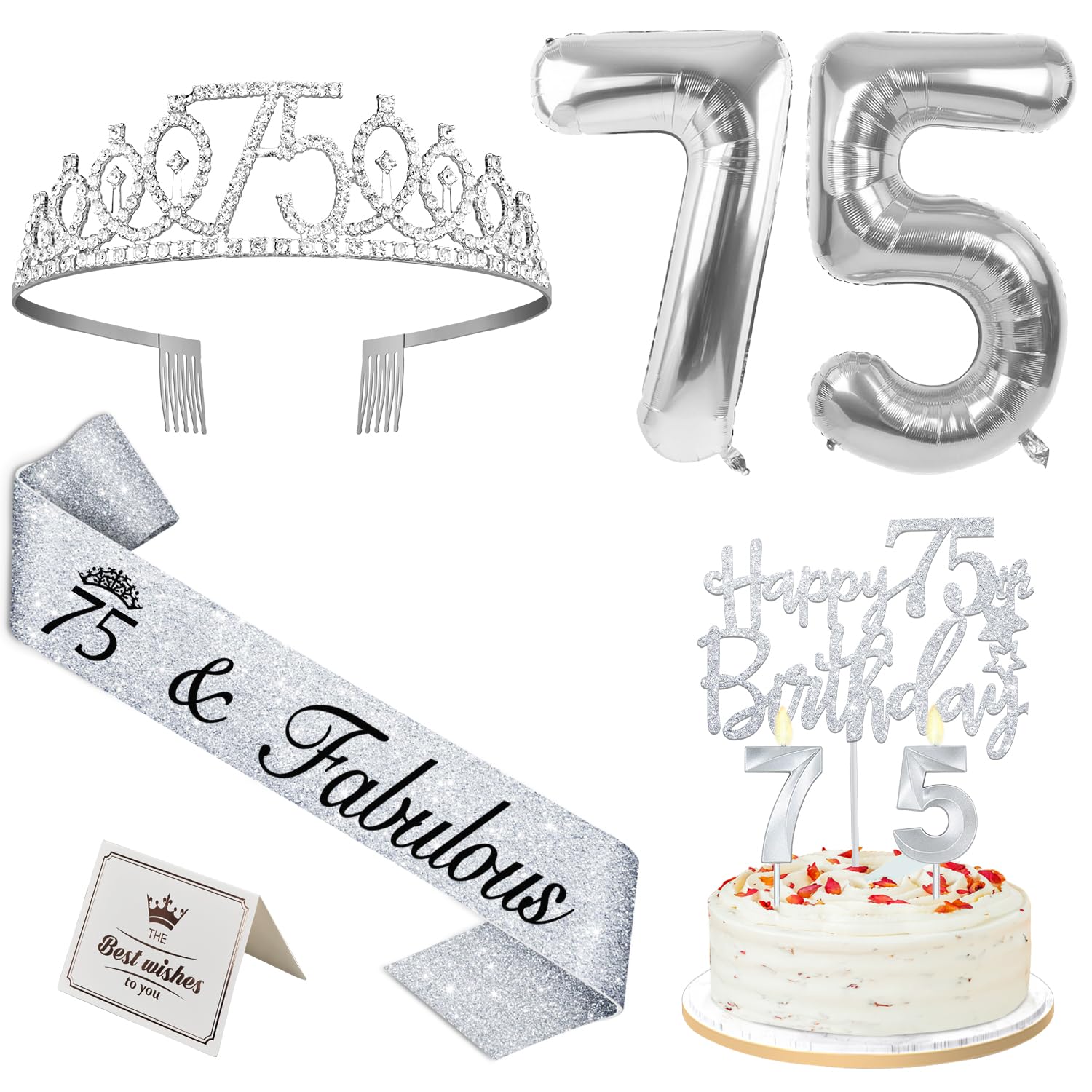 75th Birthday Decorations for Women Silver with 75th Birthday Sash and Tiara, Cake Topper and Candles, Silver Number Balloons, 7