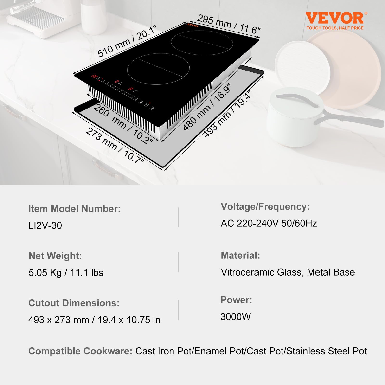 Vevor Built-In Induction Electric Stove Top 12 Inch,2 Burners Electric Cooktop,9 Power Levels & Sensor Touch Control,Easy To Cle