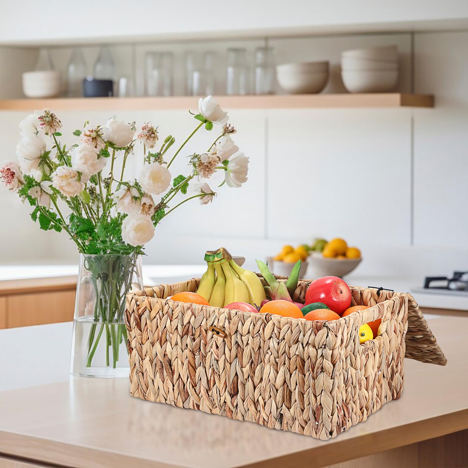 Hipiwe Wicker Storage Bins With Lid, X-Large Handwoven Water Hyacinth Wicker Baskets Rectangular Decorative Shelf Baskets Bin Bu