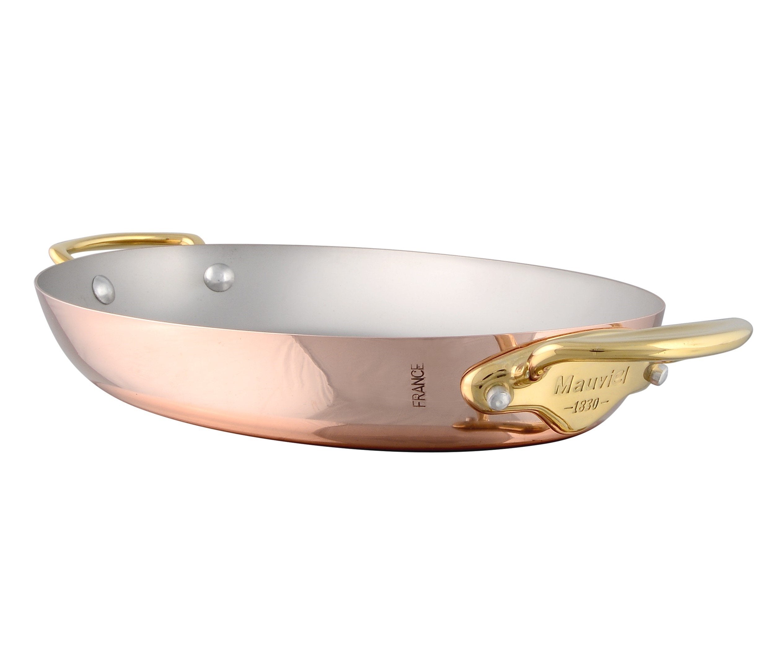 Mauviel M150 B 1.5mm Polished Copper & Stainless Steel Oval Pan With Brass Handles, 13.8-in, Made in France