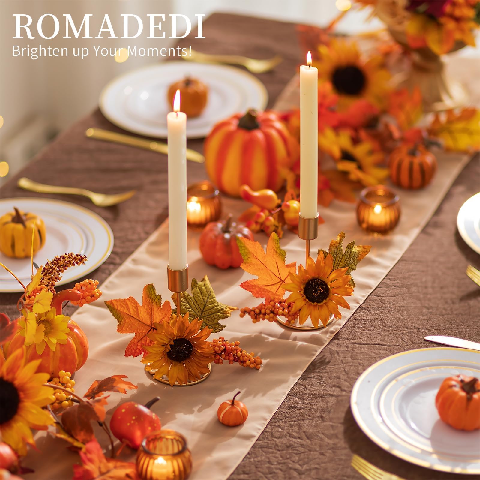 Romadedi Fall Candle Holder for Thanksgiving: Candlestick Holders Decor for Autumn Table Centerpiece Gold Party Decoration Indoo