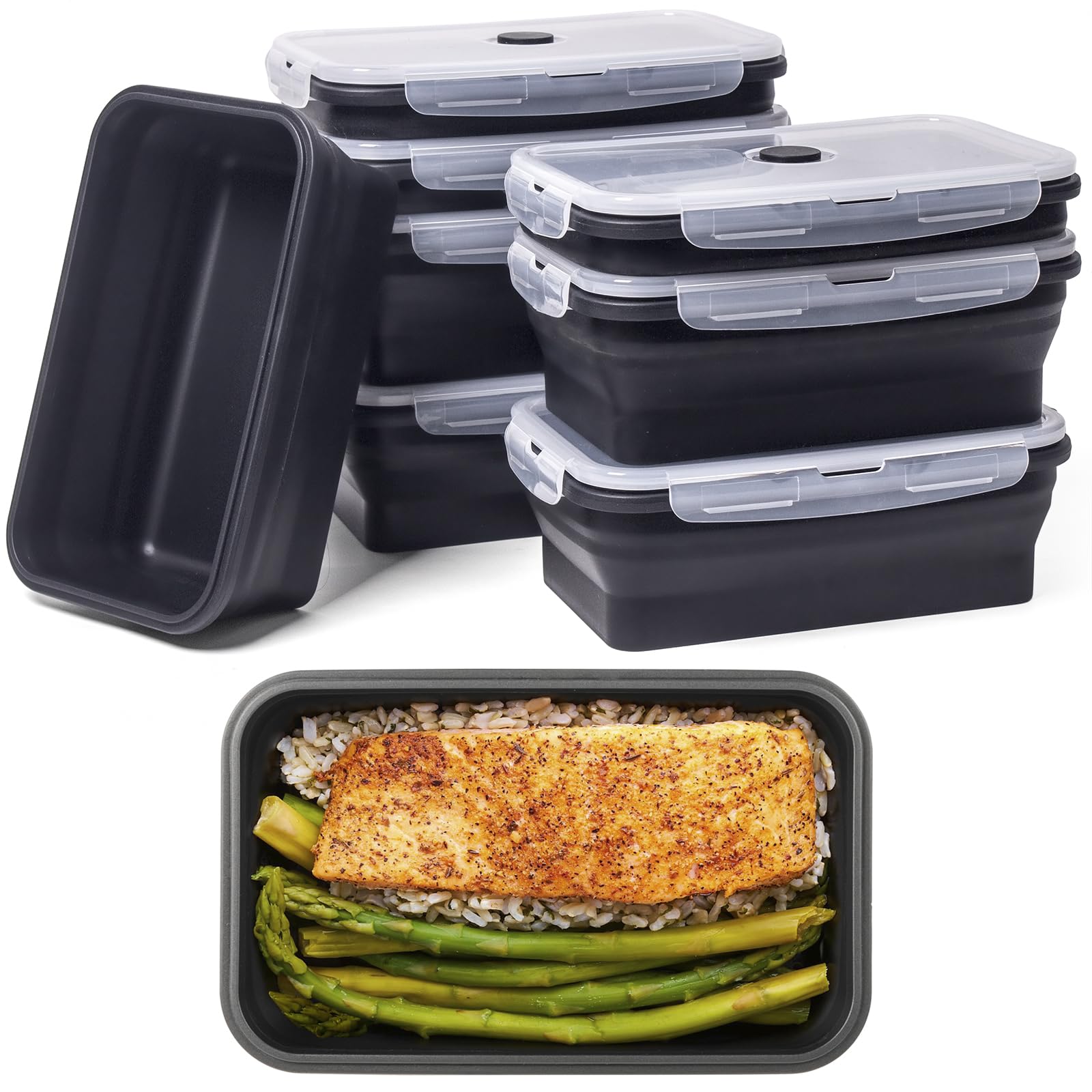 Collapsible Food Storage Containers with Lids, 8 Pack, 40 oz Silicone 1-Compartment Meal Prep Containers Reusable, Lunch Bento B