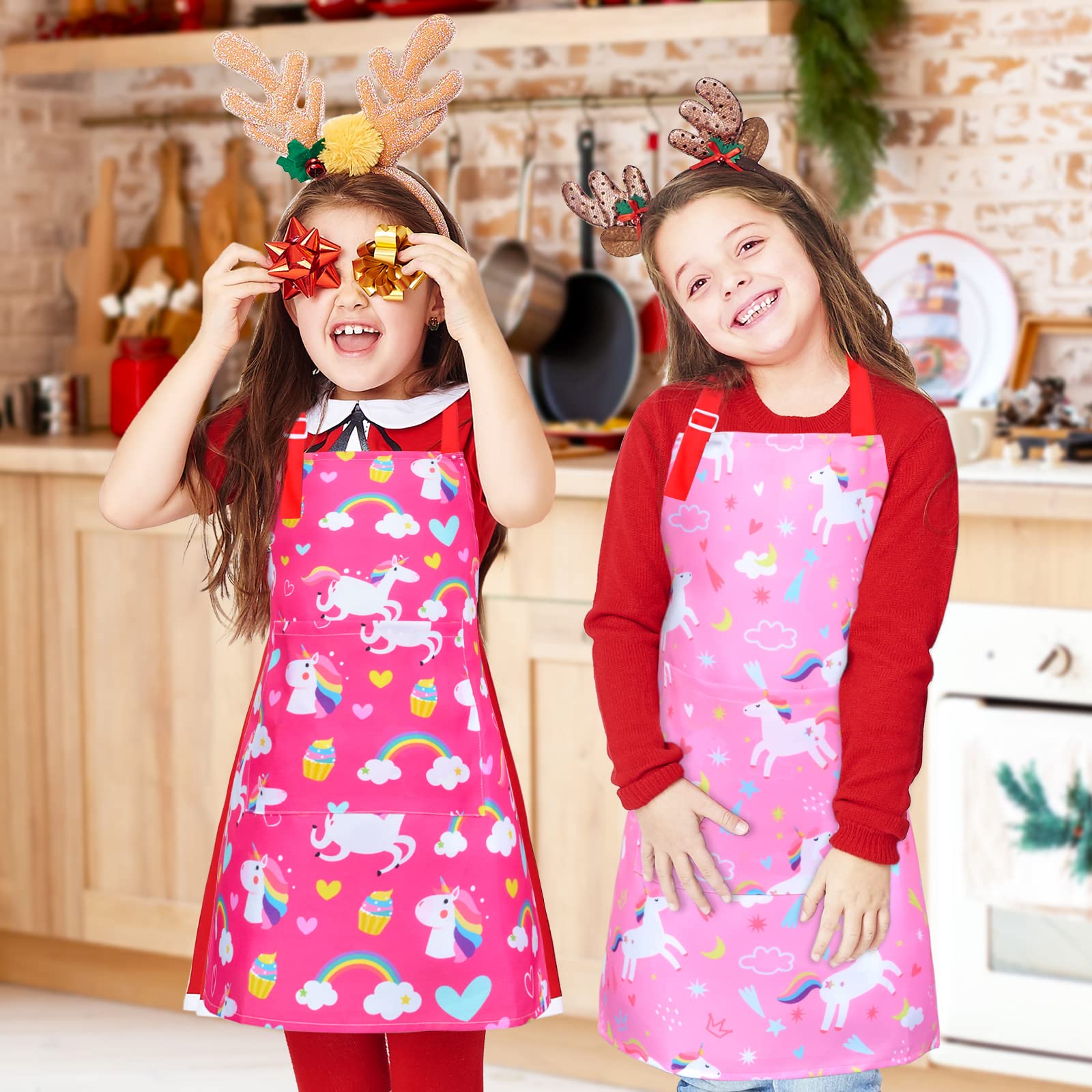 Sylfairy Aprons For Kids Girls Rainbow Unicorn Apron Children Kitchen Chef Aprons Smock (Pink+Rose Red, Small,3-5Years)