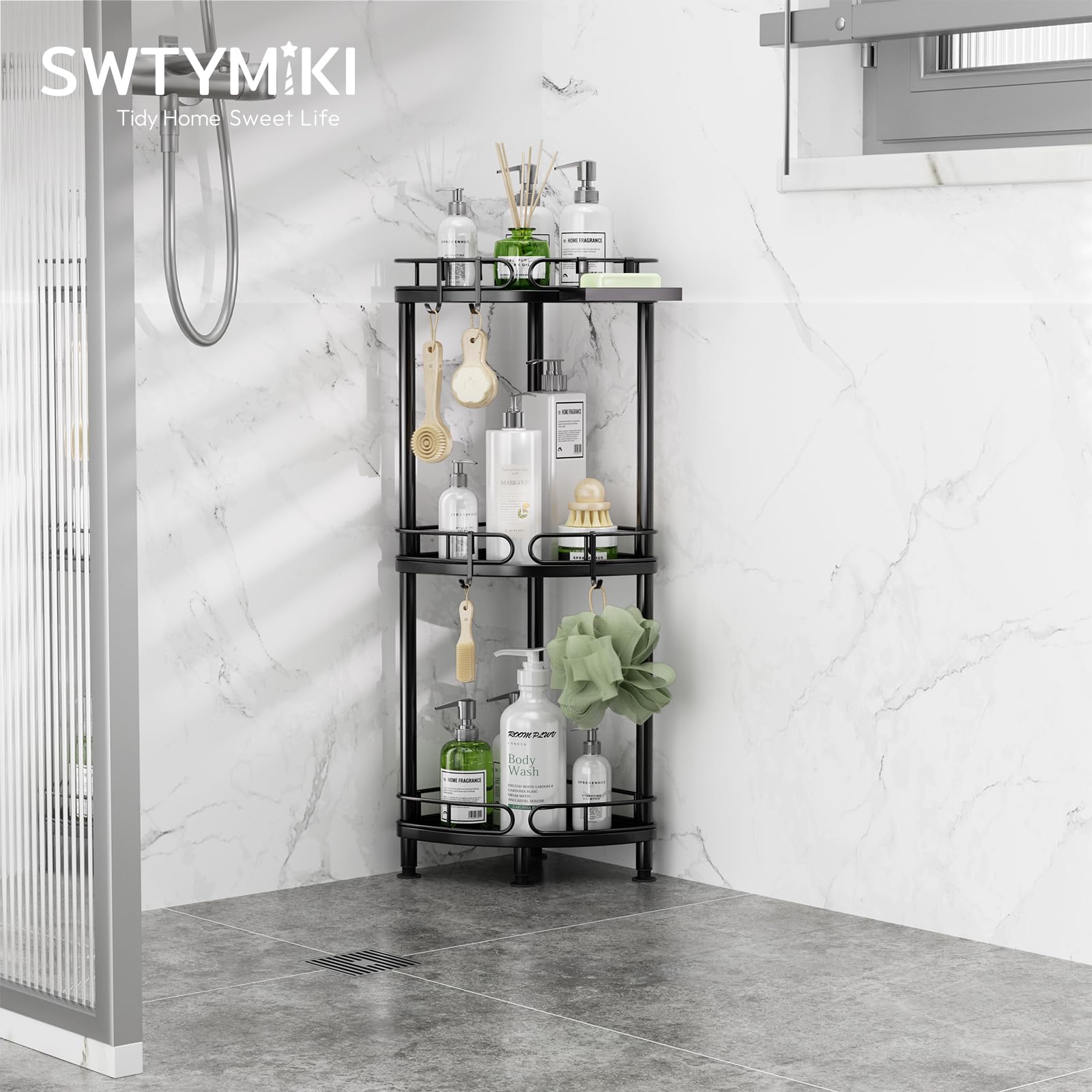Swtymiki Corner Shower Caddy Standing - 3 Tier Corner Shelf Stand Shower Organizer With Soap Holder, Rust Proof Freestanding Flo