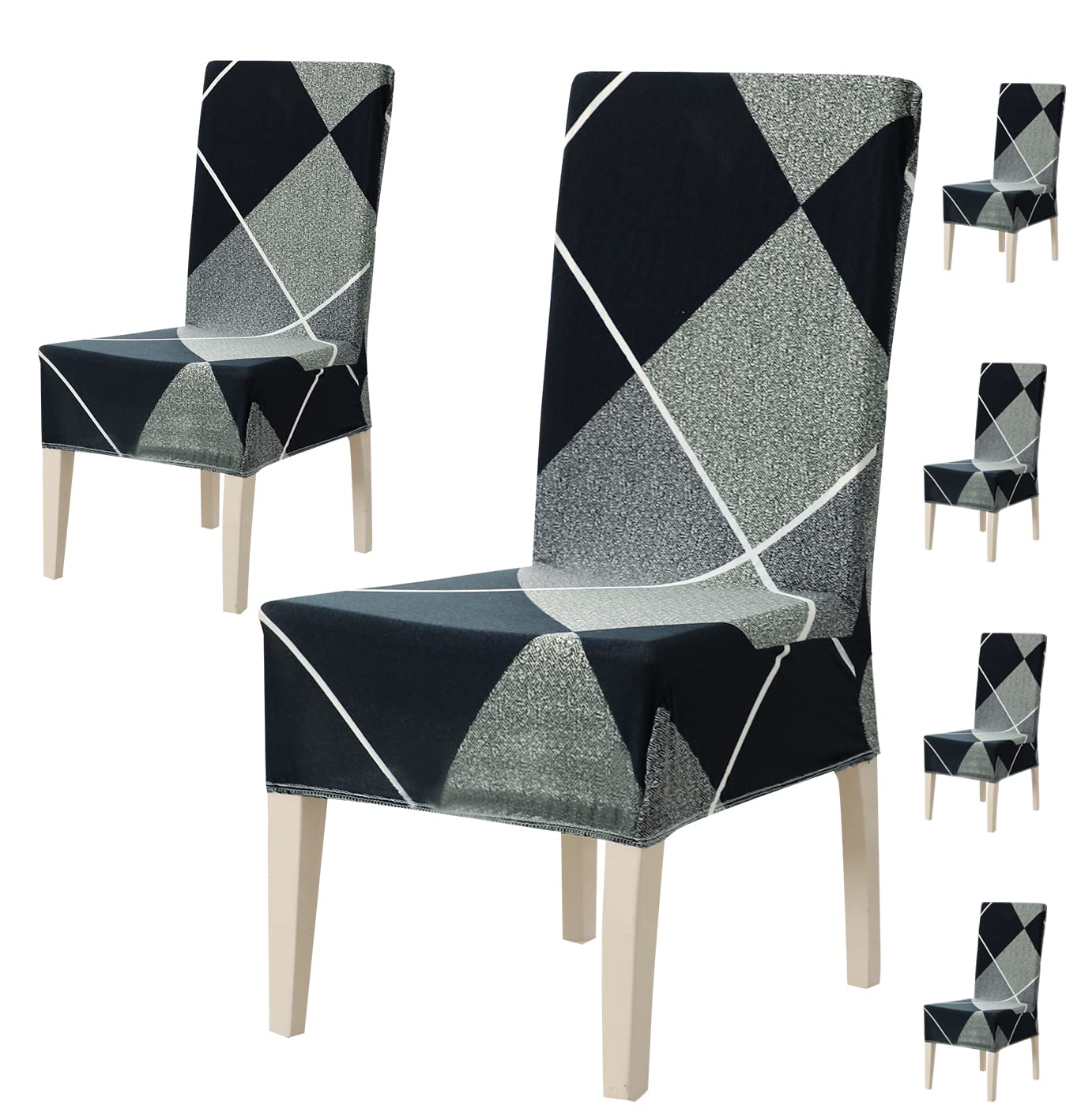 House Of Quirk Elastic Chair Cover Stretch Removable Washable Short Dining Chair Cover Protector Seat Slipcover (Pack 6, Checker