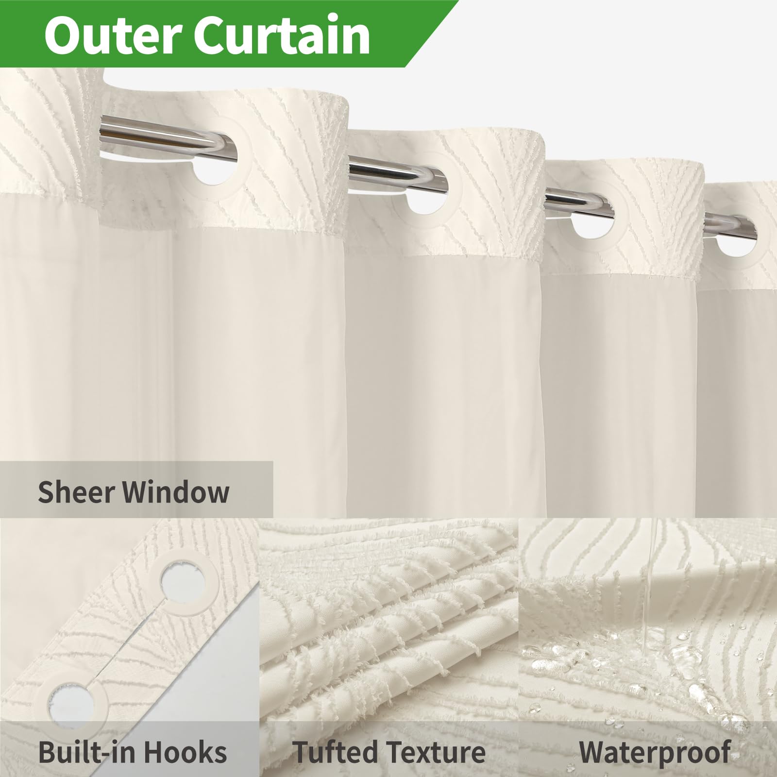 Eachope Cream No Hook Tufted Shower Curtain With Snap-In Liner For Bathroom, Boho Farmhouse Style With See Through Top Window, N