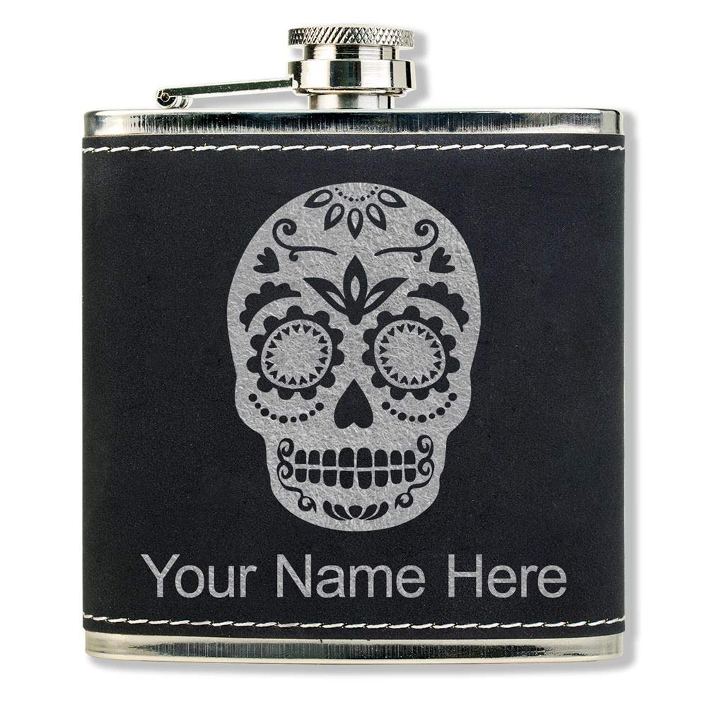 Faux Leather Flask, Day of the Dead, Personalized Engraving Included (Black With Silver)