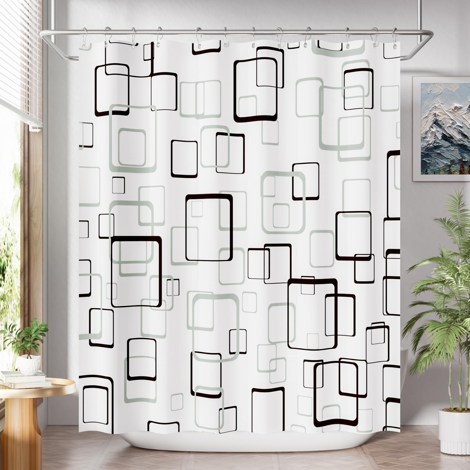 AmazerBath Shower Curtain Grey  Geometric Plaid Cloth Shower Curtain Sets with 12 Shower Curtain Hooks  Washable Fabric White Shower Curtain  Luxury Farmhouse Bathroom Shower Curtain  72x72 Inches