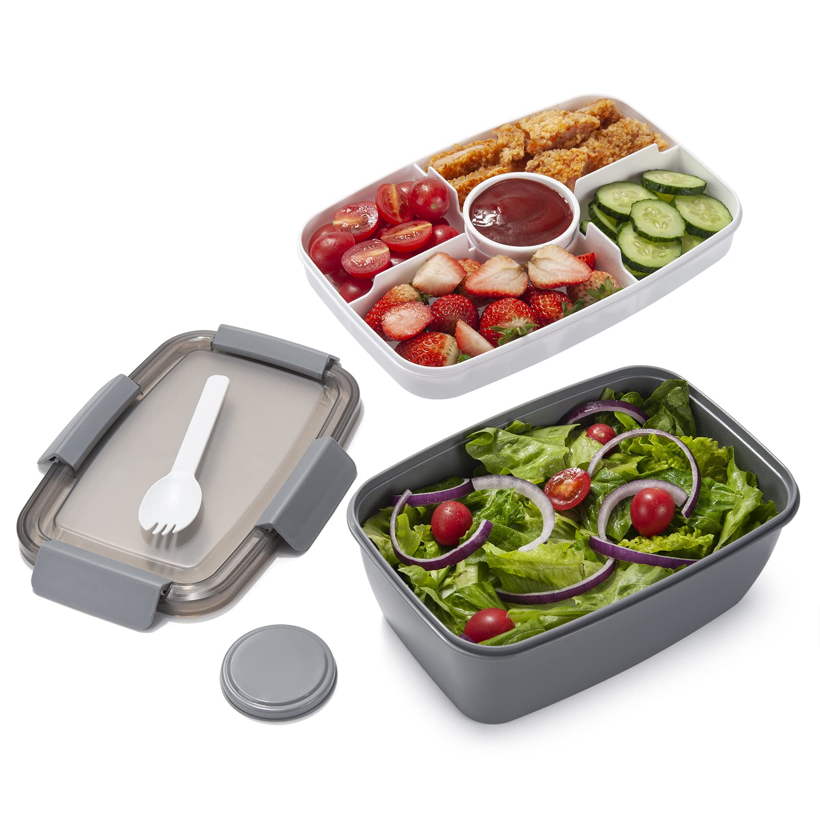 Freshmage Salad Lunch Container To Go, 68-Oz Grey-Xl, Leak-Proof Lid, 4 Compartments, Sauce Container, Safe Material, Easy Carry